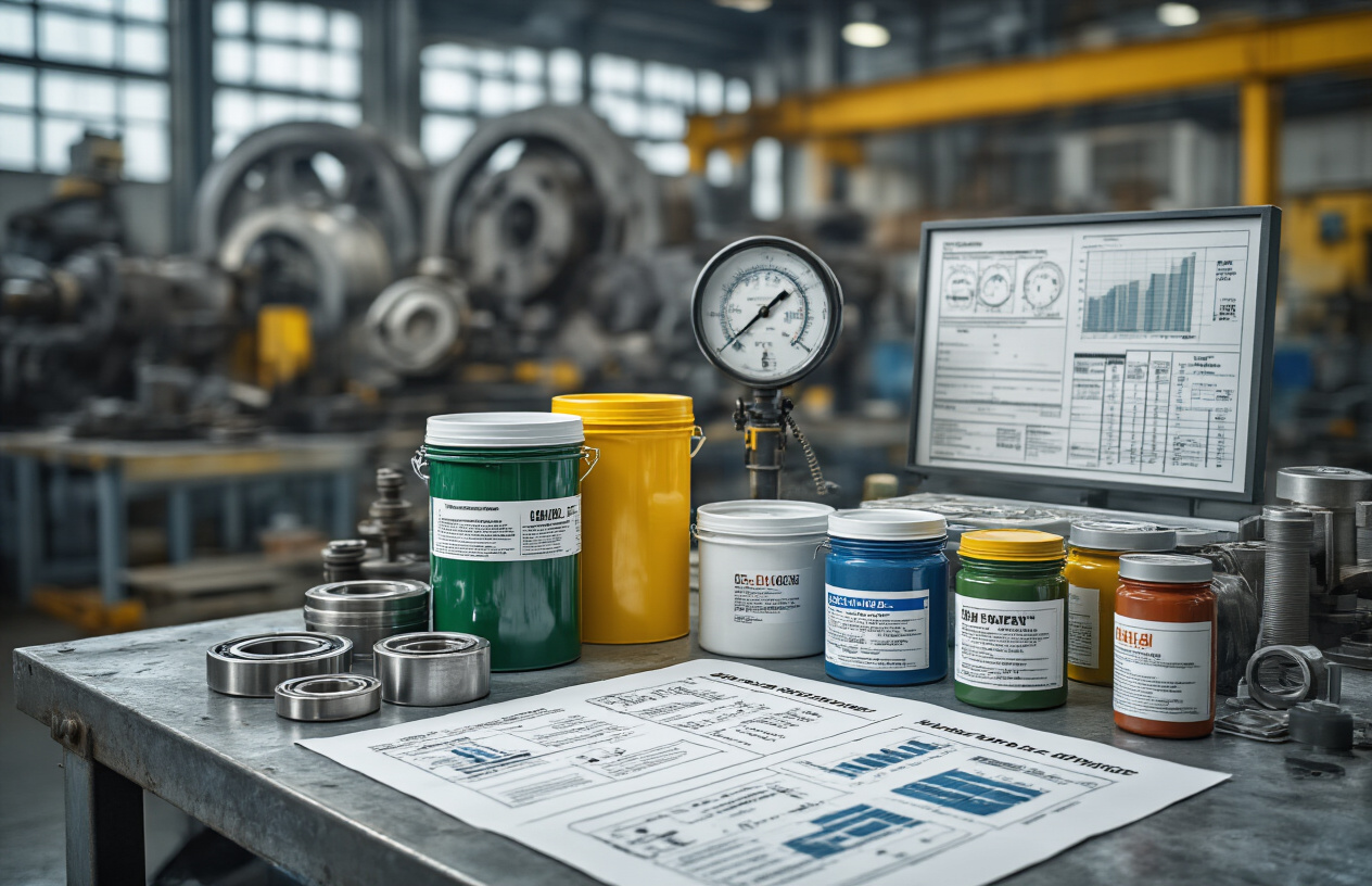 Create a realistic image of an industrial engineer's workspace showing various factors for grease selection, featuring containers of different industrial greases with varying viscosities and colors, technical specification charts and data sheets spread on a metal workbench, temperature gauges, pressure indicators, and industrial machinery components like bearings and gears in the background, with professional lighting highlighting the analytical decision-making process in a modern industrial facility, Absolutely NO text should be in the scene.
