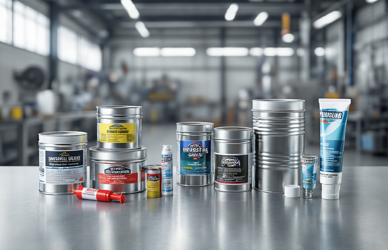 Create a realistic image of various premium industrial grease containers and tubes arranged on a clean industrial workbench, featuring different sized metal cans, plastic containers, and squeeze tubes with colorful brand labels, set in a well-lit industrial workshop environment with metallic surfaces and machinery visible in the blurred background, professional lighting highlighting the products, absolutely NO text should be in the scene.