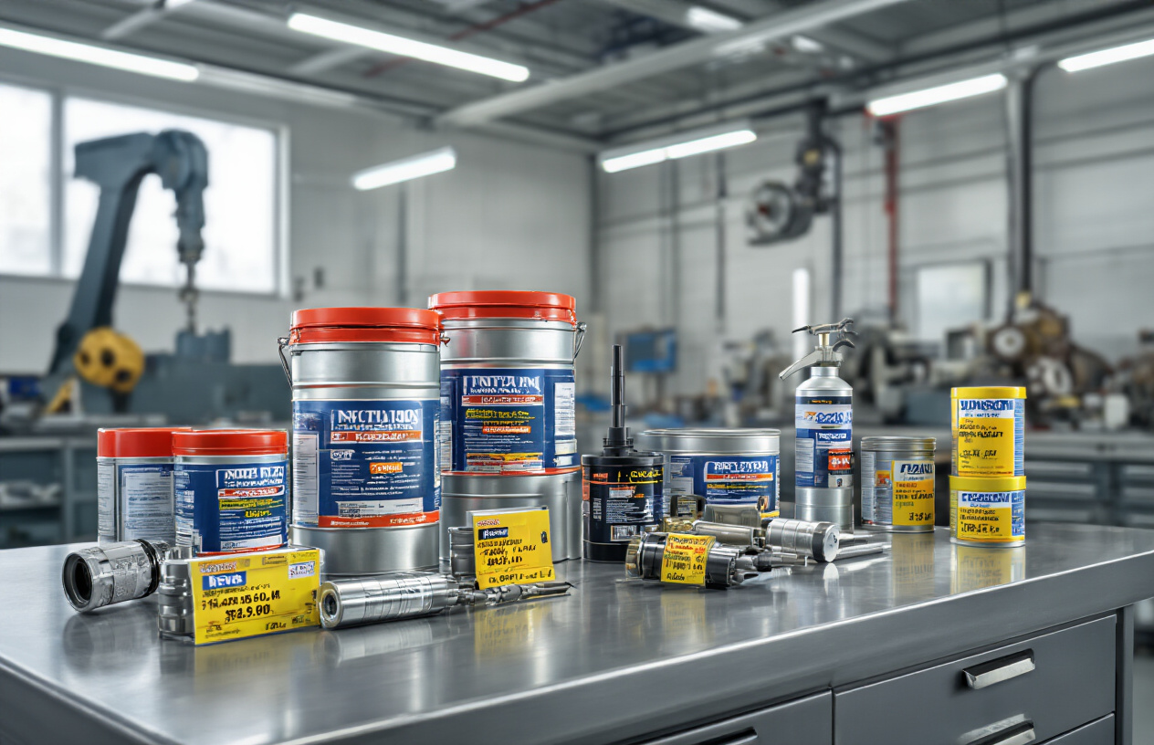 Create a realistic image of industrial grease containers and tubes of various sizes arranged on a clean industrial workbench, showing different brands with price tags or cost comparison labels, featuring metal dispensing guns, application tools, and machinery parts in the background, with bright workshop lighting highlighting the value proposition of affordable yet quality industrial lubricants, absolutely NO text should be in the scene.