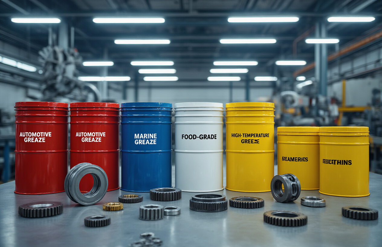 Create a realistic image of various industrial grease containers and tubes organized by industry categories, showing automotive grease in red containers, marine grease in blue containers, food-grade grease in white containers, and high-temperature grease in yellow containers, arranged on a clean industrial workbench with metal machinery parts, gears, and bearings scattered around, under bright fluorescent lighting in a modern industrial facility, absolutely NO text should be in the scene.
