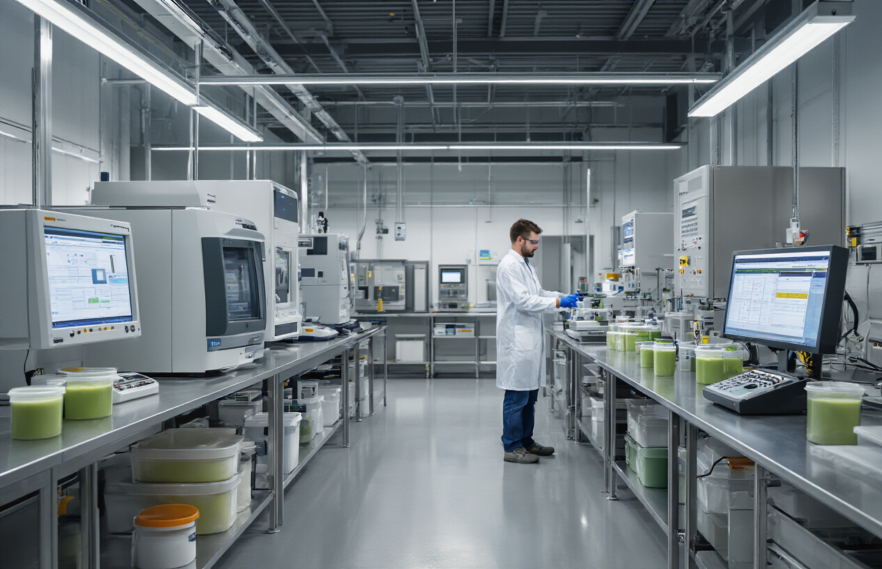Create a realistic image of a modern industrial testing laboratory with professional equipment including viscosity testers, temperature chambers, and quality control instruments on stainless steel workbenches, with containers of industrial grease samples being analyzed, featuring a white male technician in a lab coat conducting performance tests, bright fluorescent lighting, clean sterile environment with charts and measurement displays visible on digital monitors, absolutely NO text should be in the scene.