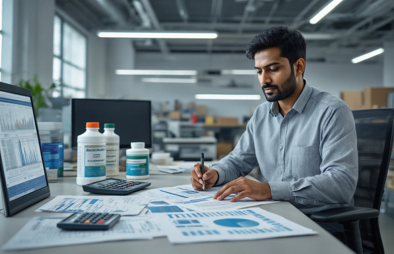 Create a realistic image of an Indian male procurement manager in a modern office setting examining industrial grease product catalogs and price comparison charts spread across a desk, with a calculator, laptop displaying cost analysis spreadsheets, and various industrial grease containers visible in the background, professional lighting from overhead fluorescent lights, clean organized workspace atmosphere suggesting strategic purchasing decisions, absolutely NO text should be in the scene.