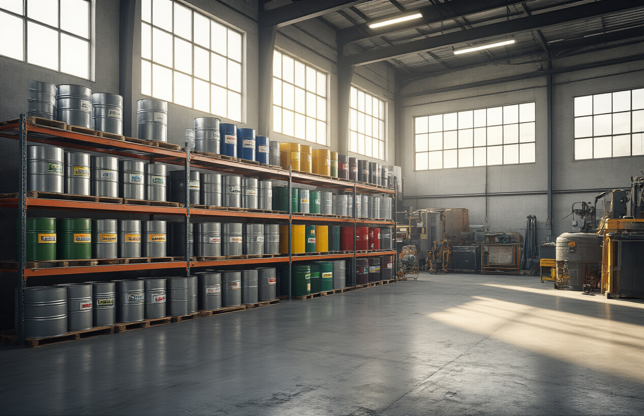 Create a realistic image of a modern industrial workshop or factory floor with several metal containers and drums of industrial grease prominently displayed on steel shelving units, with soft natural lighting coming through large windows creating a professional atmosphere, showing various sizes of grease containers with different colored labels representing multiple brands, with a clean concrete floor and industrial equipment visible in the background, conveying a sense of quality and reliability for industrial maintenance, absolutely NO text should be in the scene.