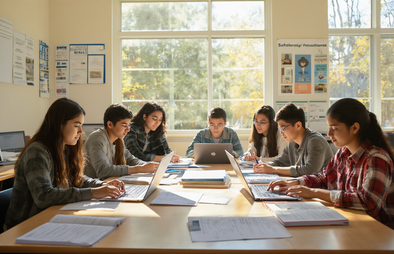 Create a realistic image of a diverse group of high school students sitting at desks in a bright classroom, studying academic materials and scholarship documents, with laptops open showing application forms, books and notebooks spread across the desks, natural sunlight streaming through large windows creating an optimistic and focused learning atmosphere, students appearing concentrated and motivated while reviewing requirements and criteria, clean modern classroom setting with educational posters on walls, warm and encouraging mood suggesting academic achievement and future opportunities, absolutely NO text should be in the scene.