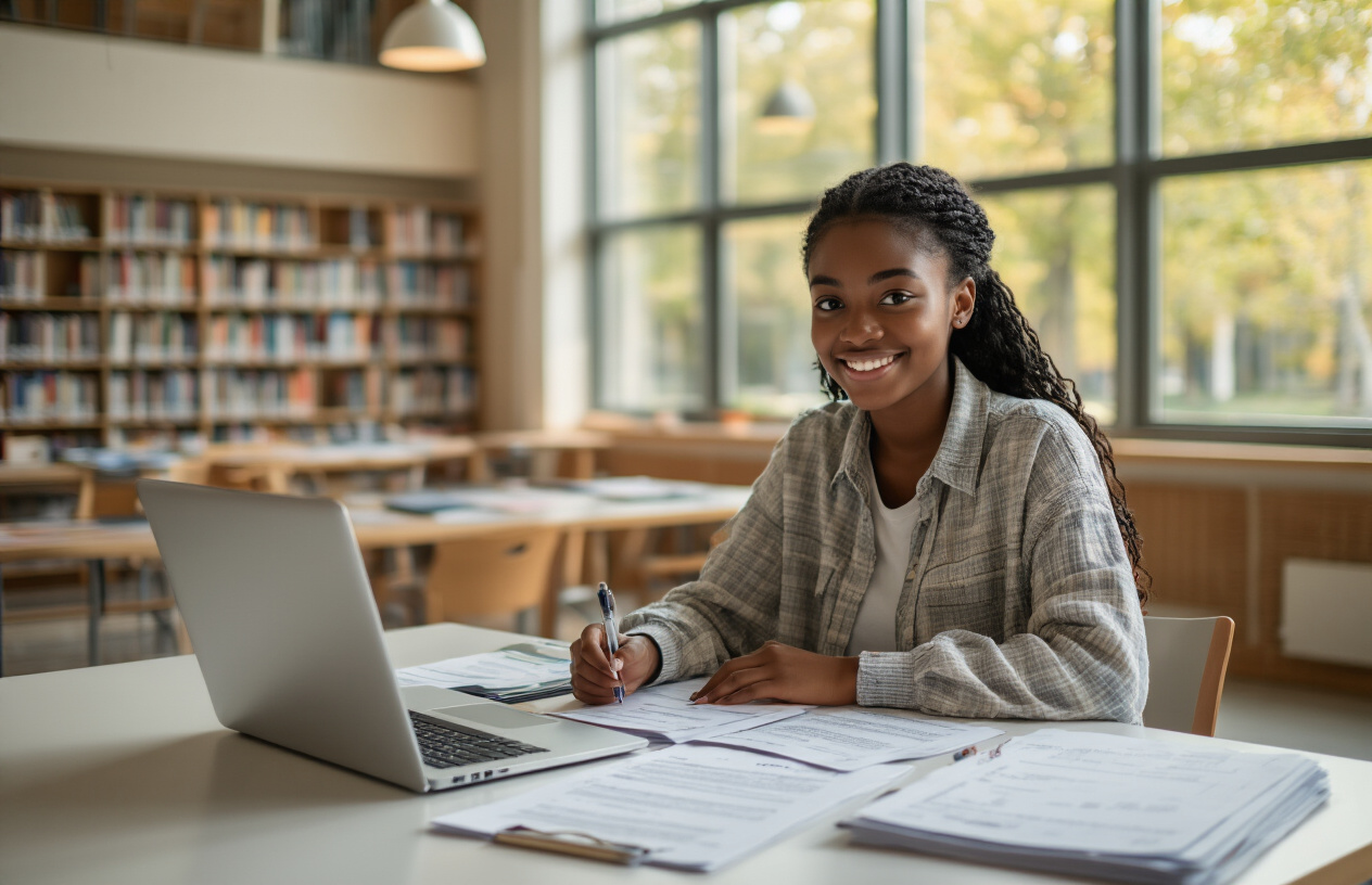 Create a realistic image of a young black female college student sitting at a clean, modern desk with a laptop computer open, surrounded by organized scholarship application documents and forms neatly arranged, a pen in her hand, with a bright and welcoming college campus library or study area in the soft-focused background, warm natural lighting streaming through large windows creating an encouraging and optimistic atmosphere, absolutely NO text should be in the scene.