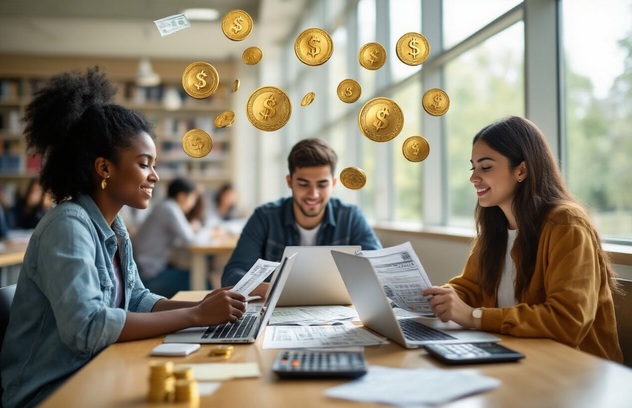 Create a realistic image of a diverse group of college students - including a black female, white male, and Hispanic female - sitting around a table with laptops, calculators, and financial documents spread out, actively working on scholarship applications and budget planning, with gold coins and dollar bills artistically floating above the table symbolizing maximizing financial awards, in a bright modern library setting with natural lighting streaming through large windows, conveying focus and determination. Absolutely NO text should be in the scene.