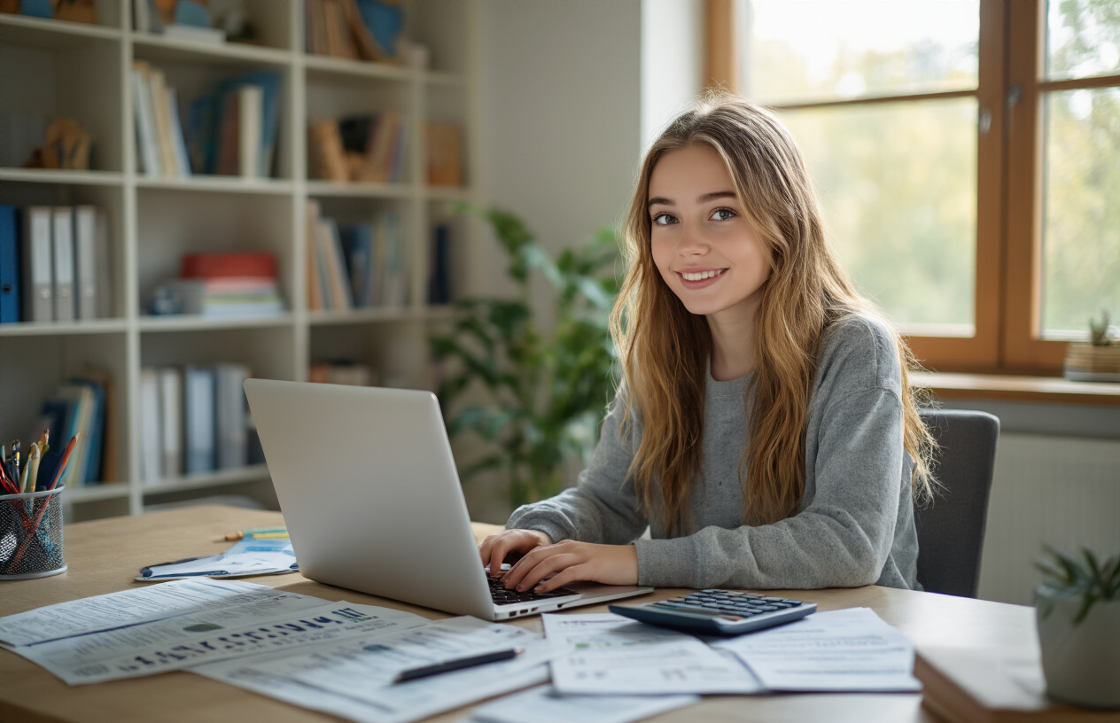 Create a realistic image of a young white female college student sitting at a modern desk with a laptop open, surrounded by college planning materials including financial aid documents, scholarship papers, and a calculator, with a bright and organized study room background featuring bookshelves and natural lighting from a window, conveying a focused and optimistic planning atmosphere, absolutely NO text should be in the scene.