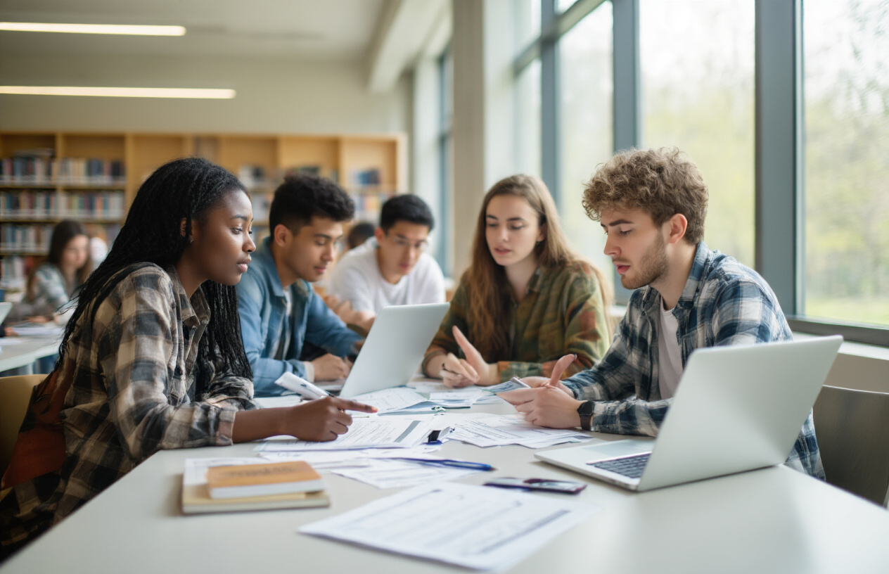 Create a realistic image of a diverse group of college students sitting around a table with laptops, documents, and scholarship application papers scattered across the surface, showing expressions of concentration and slight frustration as they work through paperwork, with one black female student pointing at a form while a white male student looks confused, set in a bright modern library or study room with natural lighting from large windows, depicting the collaborative problem-solving atmosphere of overcoming scholarship application difficulties, absolutely NO text should be in the scene.