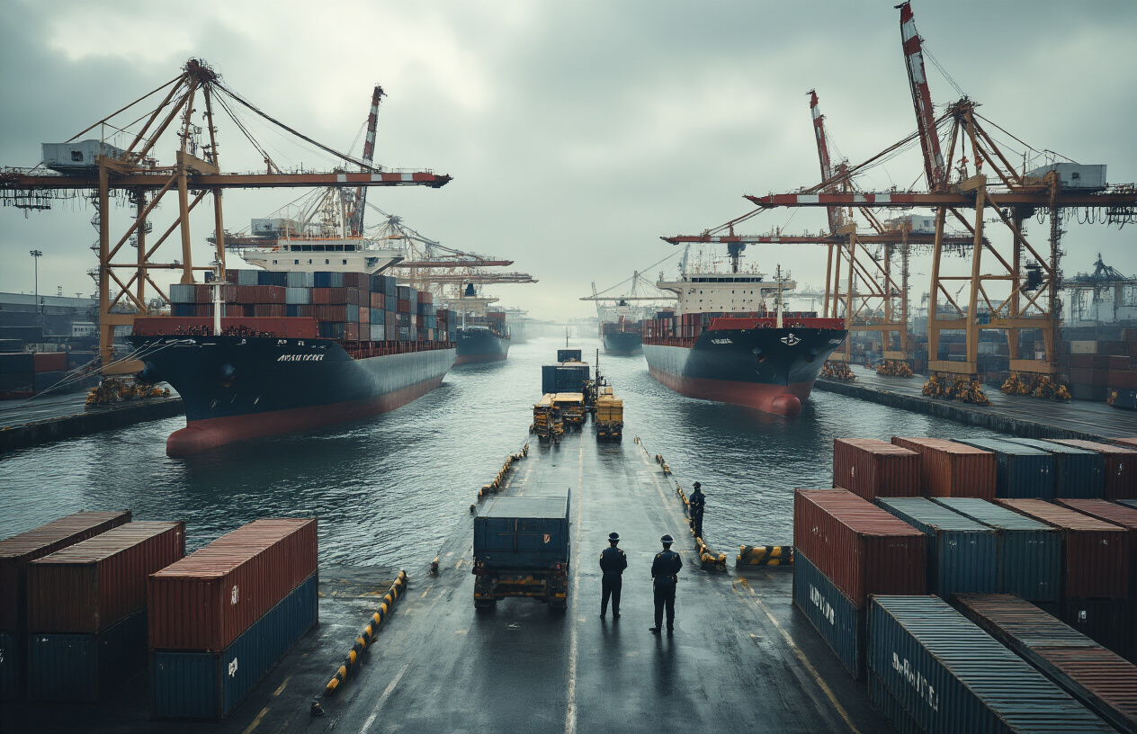Create a realistic image of cargo ships and oil tankers being turned away at a busy international port, with empty shipping containers stacked in the foreground, customs officials in uniform inspecting documents, industrial cranes frozen in position, and a somber atmosphere with overcast skies, representing the economic impact of trade restrictions and maritime blockades, absolutely NO text should be in the scene.