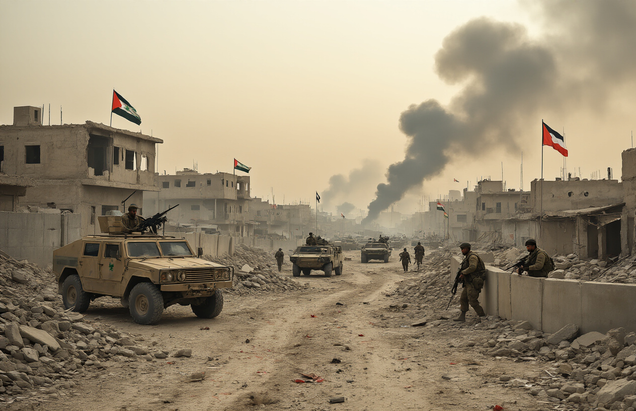 Create a realistic image of a war-torn Middle Eastern cityscape with damaged buildings and rubble in the foreground, military vehicles from different nations positioned strategically throughout the scene, smoke rising from various points in the distance, armed soldiers of diverse ethnicities taking defensive positions behind concrete barriers, civilian areas showing signs of conflict with broken windows and debris, dramatic overcast sky with muted lighting suggesting ongoing tension, multiple flags of regional powers visible on military equipment, creating an atmosphere of proxy warfare and regional instability, absolutely NO text should be in the scene.