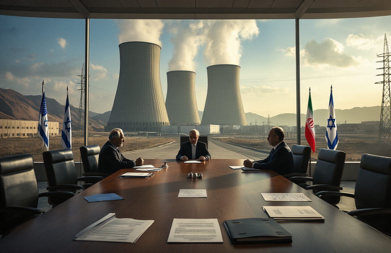 Create a realistic image of a large nuclear facility with cooling towers and industrial buildings in the background, diplomatic meeting room with empty chairs around a wooden conference table in the foreground, scattered official documents and folders on the table, tense atmosphere with dramatic lighting casting long shadows, flags of Iran, USA, and Israel visible on stands, serious mood conveying failed negotiations, industrial and political setting, Absolutely NO text should be in the scene.