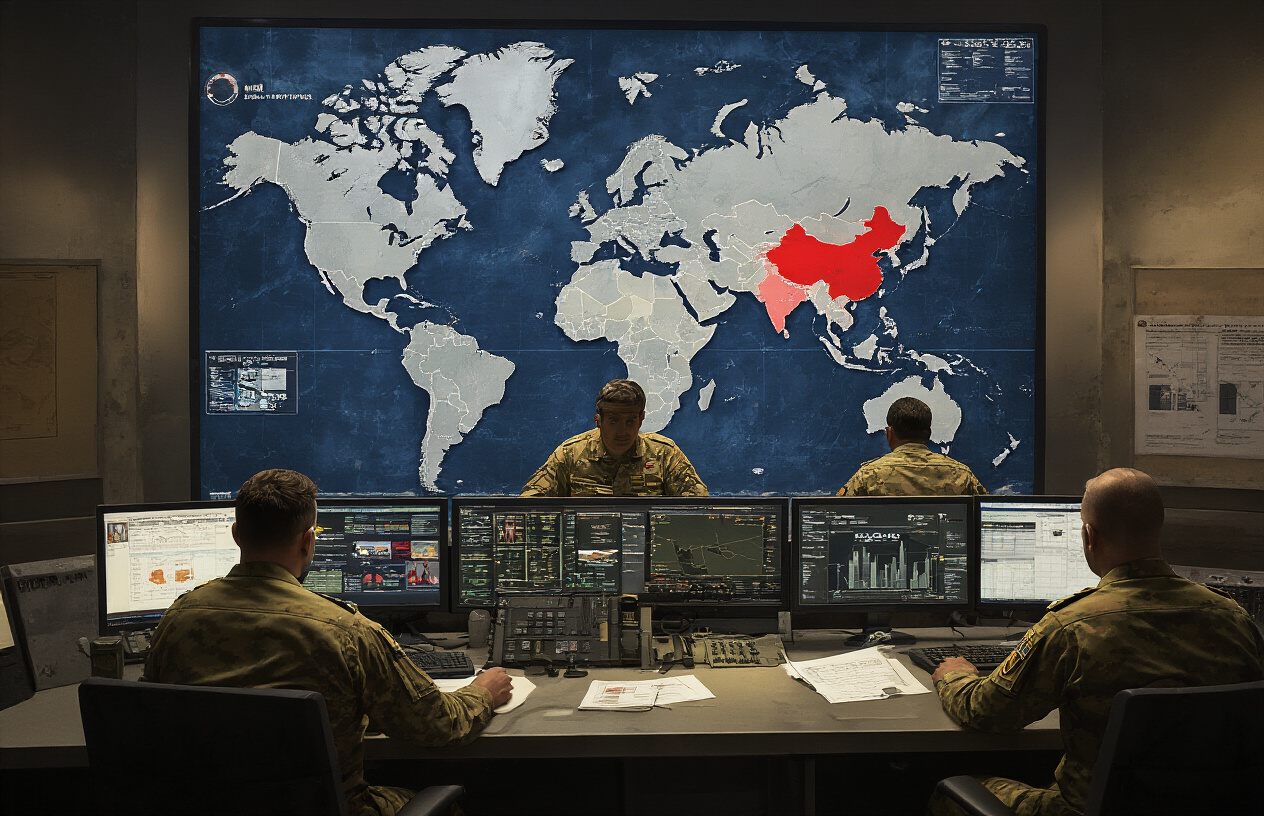 Create a realistic image of military command center with large digital world map showing Middle East region highlighted in red, multiple computer screens displaying tactical information, military personnel in uniform analyzing strategic data, tense atmosphere with dramatic lighting, war room setting with charts and communication equipment, serious mood conveying strategic planning, absolutely NO text should be in the scene.