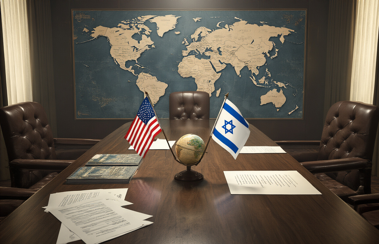 Create a realistic image of a tense diplomatic scene with world maps, flags of USA, Israel, and Iran positioned strategically on a dark wooden conference table, surrounded by empty leather chairs suggesting high-stakes negotiations, with dramatic lighting casting long shadows across official documents and a globe, creating a somber atmosphere that conveys the gravity of international relations and potential conflict resolution, absolutely NO text should be in the scene.