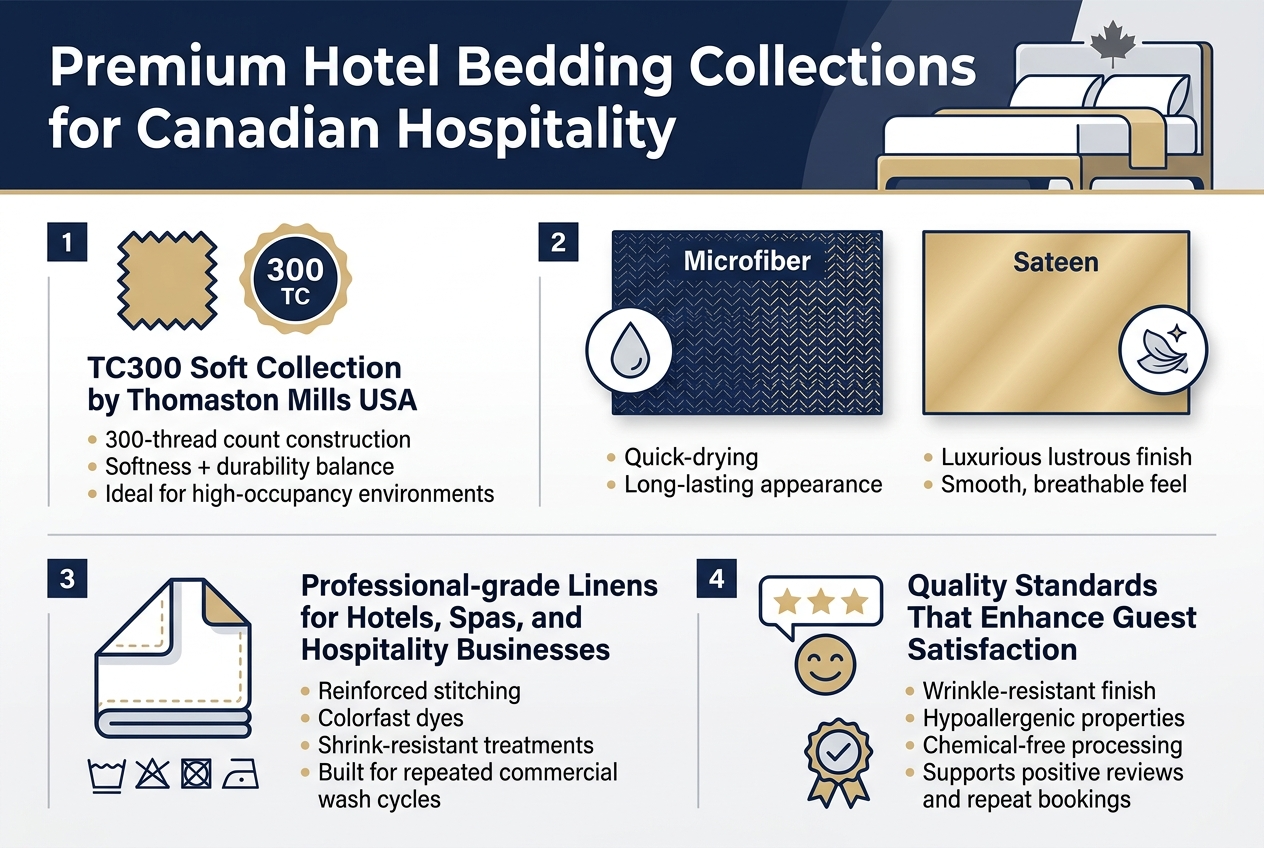 Create a clean, professional full-bleed infographic illustration in a 3:2 aspect ratio with a modern hospitality aesthetic, using navy blue, white, soft gold, and light gray accents. Place a bold title across the top in large sans-serif font: "Premium Hotel Bedding Collections for Canadian Hospitality". Use a wide horizontal layout with four organized content blocks across the canvas, each with a clear icon, short heading, and concise supporting text. 

Top section: a subtle hotel bed illustration with a small maple leaf accent and the title centered or left-aligned across the upper third.

Section 1 on the left: a fabric swatch icon and a circular "300 TC" badge. Heading text: "TC300 Soft Collection by Thomaston Mills USA". Supporting text in 2–3 short lines: "300-thread count construction", "Softness + durability balance", "Ideal for high-occupancy environments".

Section 2 in the upper middle/right: two side-by-side fabric panels with texture patterns, one labeled "Microfiber" and one labeled "Sateen". Add a droplet icon for microfiber and a silk sheen icon for sateen. Include short callouts: "Quick-drying", "Long-lasting appearance", "Luxurious lustrous finish", "Smooth, breathable feel".

Section 3 in the lower left/middle: an icon of a folded sheet with stitched edges and laundry symbols. Heading text: "Professional-grade Linens for Hotels, Spas, and Hospitality Businesses". Supporting text: "Reinforced stitching", "Colorfast dyes", "Shrink-resistant treatments", "Built for repeated commercial wash cycles".

Section 4 in the lower right: a star rating icon, a guest smile icon, and a certification badge. Heading text: "Quality Standards That Enhance Guest Satisfaction". Supporting text: "Wrinkle-resistant finish", "Hypoallergenic properties", "Chemical-free processing", "Supports positive reviews and repeat bookings".

Use clean dividers, soft shadowed cards, and clear hierarchy. Keep text legible, minimal, and well-spaced. Use professional infographic icons only. Avoid clutter, use strong alignment, and ensure all content is arranged in wide horizontal sections rather than a vertical stack.