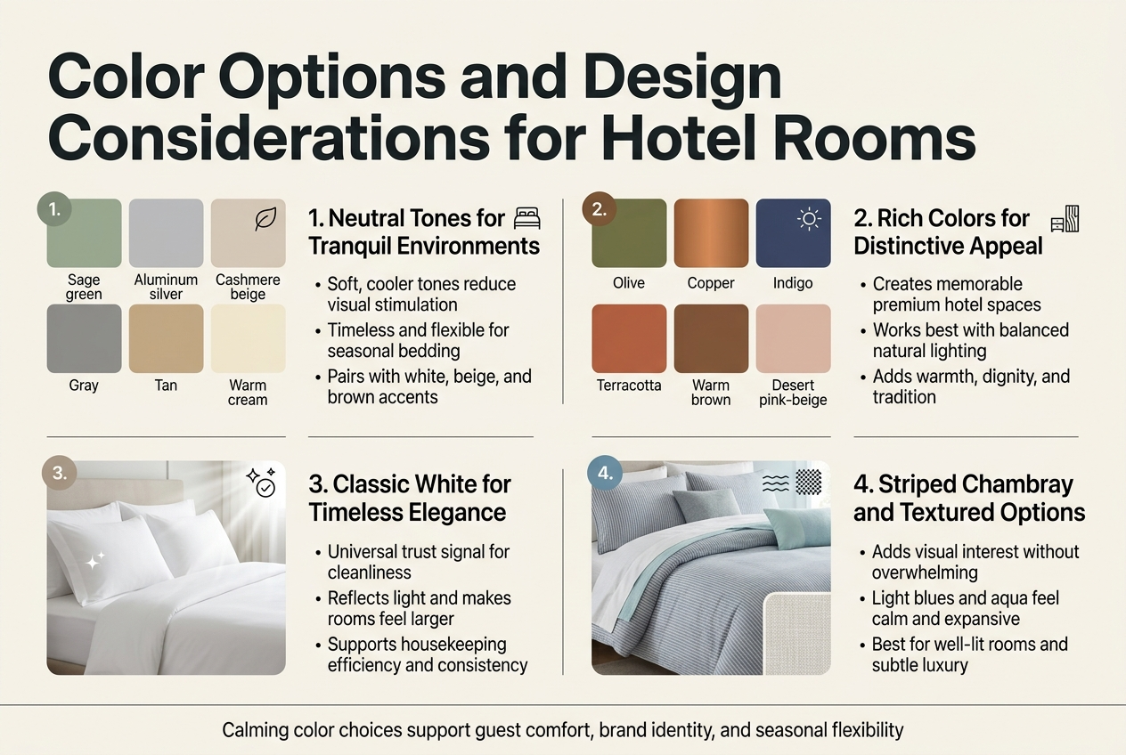 Create a clean, professional full-bleed infographic in aspect ratio 3:2 with a modern hospitality design aesthetic, soft lighting, and elegant typography. Use a wide horizontal layout with four large content blocks arranged in a 2x2 grid across the canvas. Top area contains a bold headline in large sans-serif font: "Color Options and Design Considerations for Hotel Rooms". Use dark charcoal text on a warm off-white background with muted accent colors.

Block 1 on the upper left: a calm neutral palette panel with swatches of sage green, aluminum silver, cashmere beige, gray, tan, and warm cream. Add a small leaf icon and a bed icon. Include the heading text: "1. Neutral Tones for Tranquil Environments" and smaller bullet text: "Soft, cooler tones reduce visual stimulation", "Timeless and flexible for seasonal bedding", "Pairs with white, beige, and brown accents".

Block 2 on the upper right: a rich earth-tone palette panel with swatches of olive green, copper, indigo, terracotta, warm brown, and desert pink-beige. Add a sun icon and a furniture/wood icon. Include the heading text: "2. Rich Colors for Distinctive Appeal" and smaller bullet text: "Creates memorable premium hotel spaces", "Works best with balanced natural lighting", "Adds warmth, dignity, and tradition".

Block 3 on the lower left: a bright white bedding panel with white linens on a neatly made hotel bed, subtle light rays, and a sparkle/check icon. Include the heading text: "3. Classic White for Timeless Elegance" and smaller bullet text: "Universal trust signal for cleanliness", "Reflects light and makes rooms feel larger", "Supports housekeeping efficiency and consistency".

Block 4 on the lower right: a textured bedding panel with a striped chambray duvet, subtle woven fabric texture, and soft blue and aqua accents. Add a wave icon and a texture pattern icon. Include the heading text: "4. Striped Chambray and Textured Options" and smaller bullet text: "Adds visual interest without overwhelming", "Light blues and aqua feel calm and expansive", "Best for well-lit rooms and subtle luxury".

Use small numbered circles for each section, clear icon markers beside each heading, and simple divider lines between blocks. Include a thin footer band across the bottom with the text: "Calming color choices support guest comfort, brand identity, and seasonal flexibility". Keep spacing airy, balanced, and editorial, with no vertical poster stack.