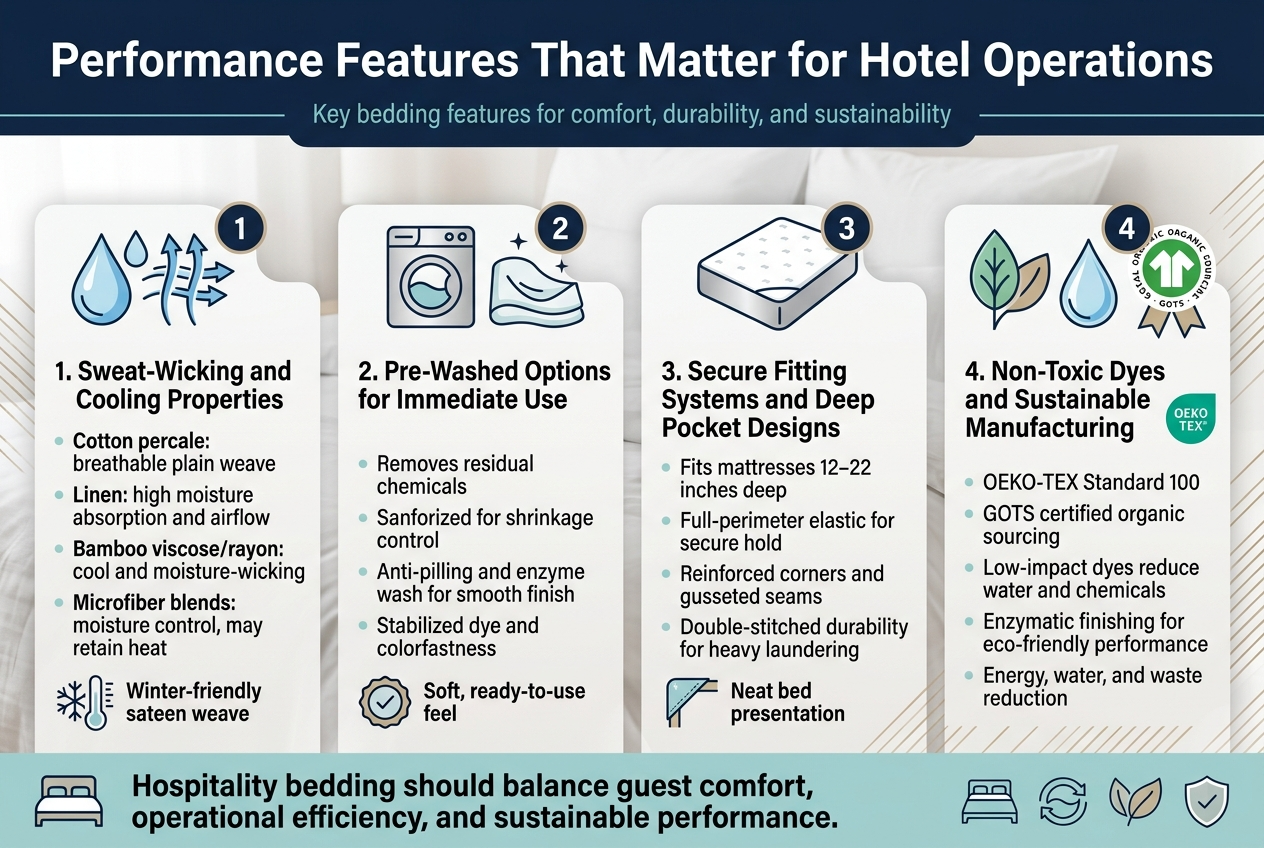 Create a full-bleed professional infographic illustration in a 3:2 aspect ratio with a clean hotel-luxury aesthetic, using deep navy, soft teal, white, silver, and warm beige accents. Use modern sans-serif typography with a bold, large headline at the top left. Include a subtle background pattern of bedding fabric texture and thin line accents. Layout should be wide and horizontal, not a centered poster.

Top header:
Bold title in large white text on a navy banner: "Performance Features That Matter for Hotel Operations"
Small subtitle beneath in teal text: "Key bedding features for comfort, durability, and sustainability"

Main content arranged in four wide horizontal sections or cards across the canvas, each with a numbered circle icon and a clear visual symbol:

1) Left section with a cool blue droplet and airflow icon:
Heading: "1. Sweat-Wicking and Cooling Properties"
Include four short bullet points:
"Cotton percale: breathable plain weave"
"Linen: high moisture absorption and airflow"
"Bamboo viscose/rayon: cool and moisture-wicking"
"Microfiber blends: moisture control, may retain heat"
Add a small seasonal note icon with a snowflake and thermometer:
"Winter-friendly sateen weave"

2) Upper-middle section with a pre-washed laundry and soft fabric icon:
Heading: "2. Pre-Washed Options for Immediate Use"
Include four short bullet points:
"Removes residual chemicals"
"Sanforized for shrinkage control"
"Anti-pilling and enzyme wash for smooth finish"
"Stabilized dye and colorfastness"
Add a small checkmark badge:
"Soft, ready-to-use feel"

3) Lower-middle section with a mattress and fitted sheet icon:
Heading: "3. Secure Fitting Systems and Deep Pocket Designs"
Include four short bullet points:
"Fits mattresses 12–22 inches deep"
"Full-perimeter elastic for secure hold"
"Reinforced corners and gusseted seams"
"Double-stitched durability for heavy laundering"
Add a small corner strap icon:
"Neat bed presentation"

4) Right section with a leaf, water drop, and certification seal icons:
Heading: "4. Non-Toxic Dyes and Sustainable Manufacturing"
Include five short bullet points:
"OEKO-TEX Standard 100"
"GOTS certified organic sourcing"
"Low-impact dyes reduce water and chemicals"
"Enzymatic finishing for eco-friendly performance"
"Energy, water, and waste reduction"
Add two certification-style seals labeled:
"OEKO-TEX"
"GOTS"

Bottom footer strip across the full width with a light teal background:
Bold takeaway text: "Hospitality bedding should balance guest comfort, operational efficiency, and sustainable performance."
Add small icons along the footer: bed, laundry cycle, leaf, and shield.

Use clear spacing, strong visual hierarchy, simple line icons, and crisp readable text. Keep the composition balanced with wide cards, clean dividers, and premium hospitality styling.