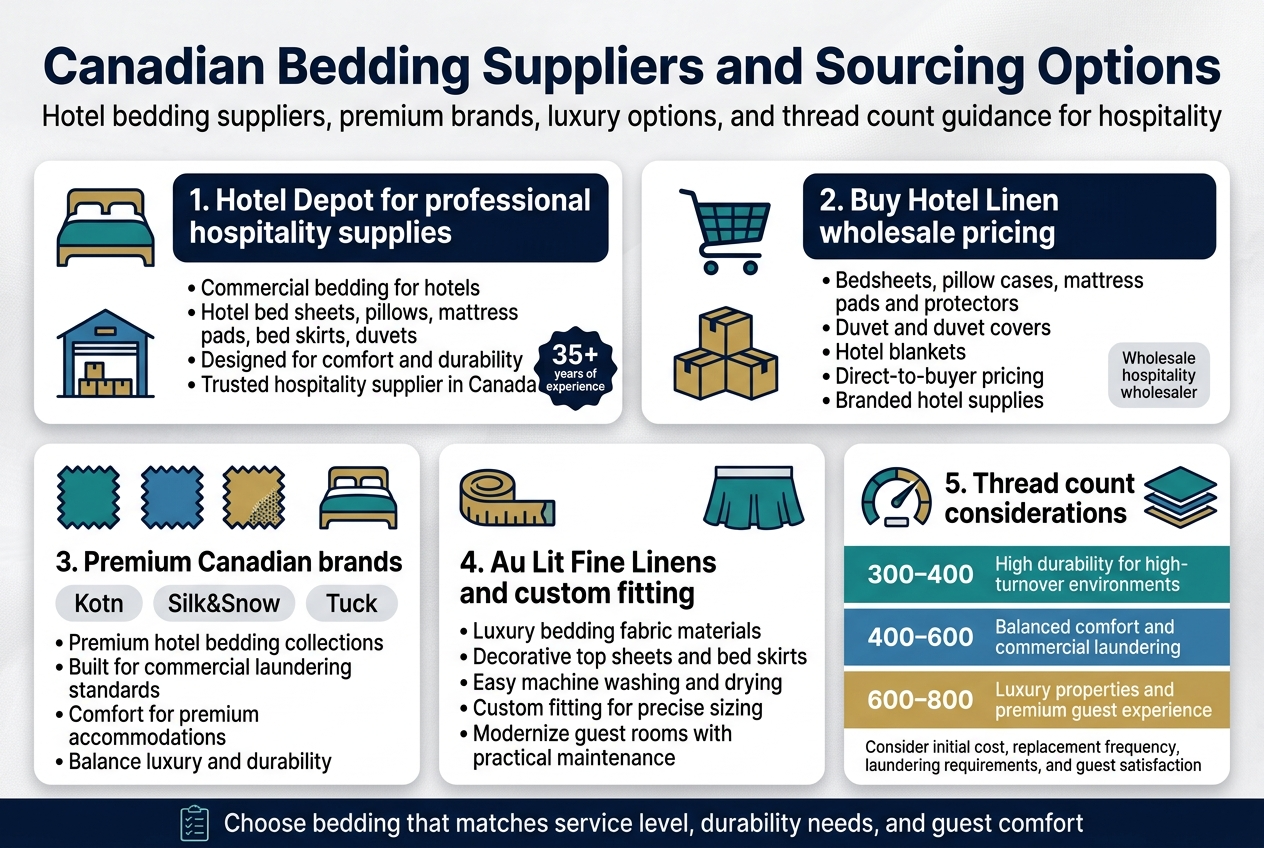 Create a full-bleed professional infographic in a 3:2 aspect ratio about Canadian hotel bedding sourcing. Clean modern corporate style, white background with deep navy, teal, and gold accents, subtle linen texture, bold sans-serif fonts, strong visual hierarchy.

Top header across the full width: large bold title in navy, exact text: "Canadian Bedding Suppliers and Sourcing Options"
Subtitle directly below in smaller text: "Hotel bedding suppliers, premium brands, luxury options, and thread count guidance for hospitality"

Use a wide horizontal layout with four main content blocks arranged in two rows, not a vertical poster. Include icons and small labeled graphics in each block.

Top left large block with a hotel bed icon and warehouse icon:
Heading: "1. Hotel Depot for professional hospitality supplies"
Body text in short bullet points:
"• Commercial bedding for hotels"
"• Hotel bed sheets, pillows, mattress pads, bed skirts, duvets"
"• Designed for comfort and durability"
"• Trusted hospitality supplier in Canada"
Add a small badge: "35+ years of experience"

Top right large block with a shopping cart icon and package boxes:
Heading: "2. Buy Hotel Linen wholesale pricing"
Body text in short bullet points:
"• Bedsheets, pillow cases, mattress pads and protectors"
"• Duvet and duvet covers"
"• Hotel blankets"
"• Direct-to-buyer pricing"
"• Branded hotel supplies"
Add a small label: "Wholesale hospitality wholesaler"

Bottom left medium block with three premium fabric swatch icons and a luxury bed icon:
Heading: "3. Premium Canadian brands"
Display brand names in separate pill labels: "Kotn" "Silk&Snow" "Tuck"
Body text:
"• Premium hotel bedding collections"
"• Built for commercial laundering standards"
"• Comfort for premium accommodations"
"• Balance luxury and durability"

Bottom center medium block with a tailored measuring tape icon and elegant bed skirt icon:
Heading: "4. Au Lit Fine Linens and custom fitting"
Body text in short bullets:
"• Luxury bedding fabric materials"
"• Decorative top sheets and bed skirts"
"• Easy machine washing and drying"
"• Custom fitting for precise sizing"
"• Modernize guest rooms with practical maintenance"

Bottom right wide block with a thread count gauge icon and stacked fabric layers:
Heading: "5. Thread count considerations"
Show three horizontal color-coded bands with labels:
"300–400" in teal: "High durability for high-turnover environments"
"400–600" in blue: "Balanced comfort and commercial laundering"
"600–800" in gold: "Luxury properties and premium guest experience"
Add a small footer note in one line:
"Consider initial cost, replacement frequency, laundering requirements, and guest satisfaction"

Add a slim footer bar along the bottom with a simple checklist icon and the text: "Choose bedding that matches service level, durability needs, and guest comfort"

Use clear spacing, aligned grids, rounded cards, subtle shadows, and consistent icon style. Keep all text crisp and readable. No people, no photos, no clutter.