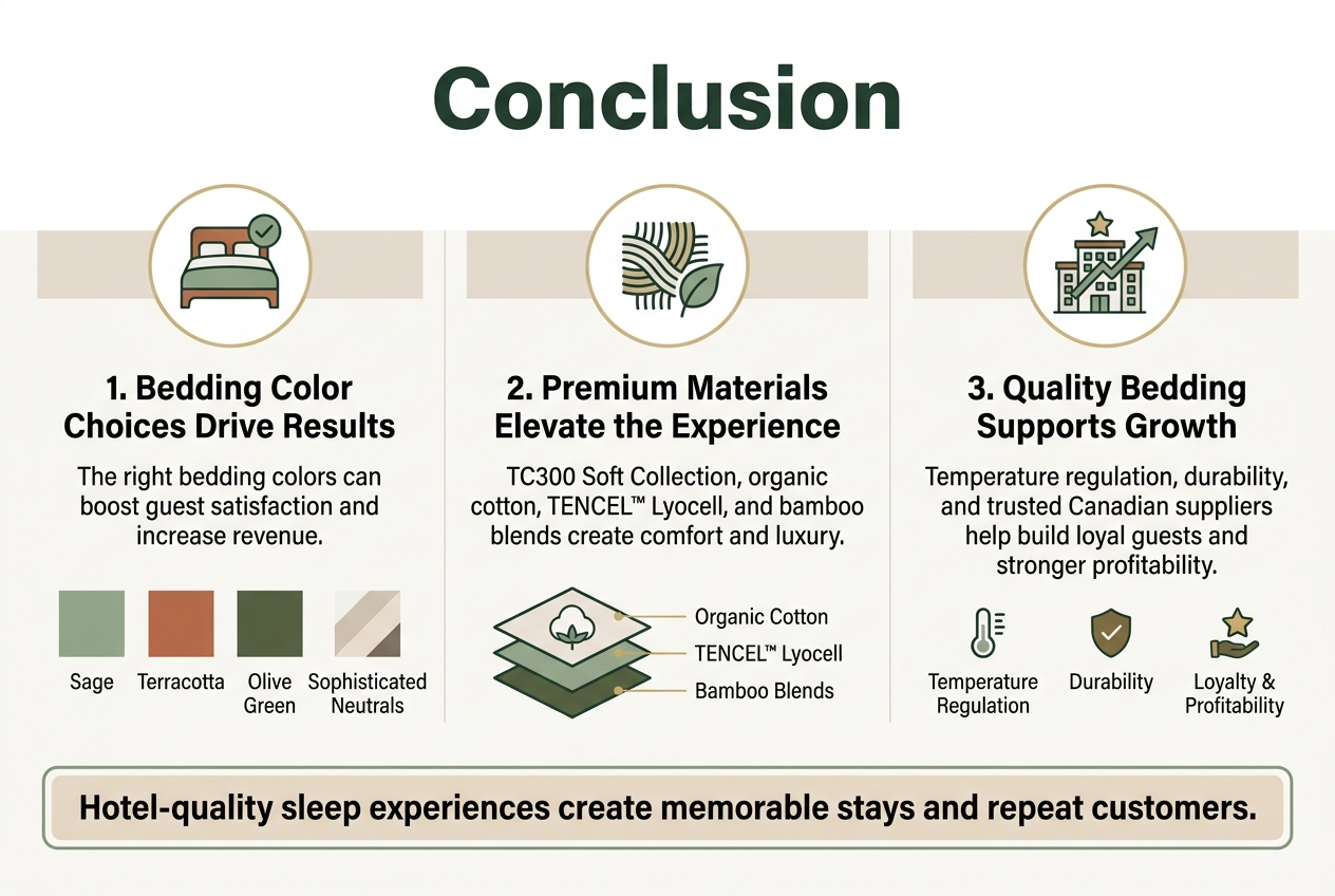 Create a clean, professional wide infographic in 3:2 aspect ratio with a full-bleed layout and no frame. Use a modern hospitality aesthetic with elegant neutrals, deep forest green, warm terracotta, sage, soft beige, and white, with subtle gold accents. Use a sans-serif font with strong hierarchy.

Top center: large bold heading text in dark green: "Conclusion"

Below the heading, arrange three wide horizontal content blocks across the canvas, using icons and short text in a balanced multi-column layout.

Left block:
A circular icon of a bed with a checkmark.
Bold subheading: "1. Bedding Color Choices Drive Results"
Body text in two lines: "The right bedding colors can boost guest satisfaction and increase revenue."
Include small color swatches labeled "Sage", "Terracotta", "Olive Green", and "Sophisticated Neutrals".

Center block:
A circular icon of premium fabric threads and a leaf.
Bold subheading: "2. Premium Materials Elevate the Experience"
Body text in two lines: "TC300 Soft Collection, organic cotton, TENCEL™ Lyocell, and bamboo blends create comfort and luxury."
Show a small layered textile graphic with labels: "Organic Cotton", "TENCEL™ Lyocell", "Bamboo Blends".

Right block:
A circular icon of a hotel building with a rising arrow and star.
Bold subheading: "3. Quality Bedding Supports Growth"
Body text in two lines: "Temperature regulation, durability, and trusted Canadian suppliers help build loyal guests and stronger profitability."
Add three small icon markers with labels: "Temperature Regulation", "Durability", "Loyalty & Profitability".

Bottom band across the width:
A highlighted callout bar in soft beige with a green border.
Bold text: "Hotel-quality sleep experiences create memorable stays and repeat customers."

Use clean spacing, crisp typography, and visually distinct section dividers. Keep all text sharp, legible, and minimal. No extra decorative text.