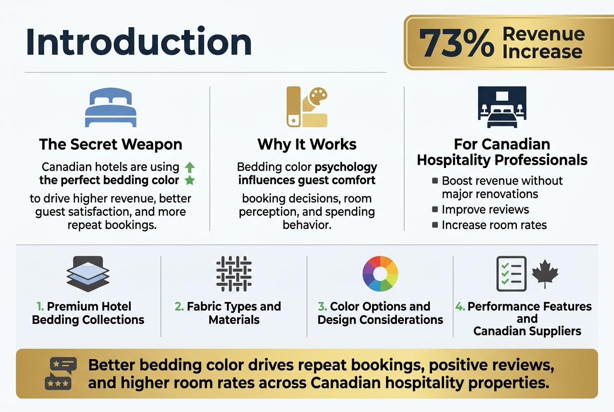 Here’s a polished **image-generation prompt** you can use:

---

**Prompt:**

Create a **full-bleed 3:2 landscape infographic** in a **clean, modern hospitality style** with a **white background**, **deep navy**, **charcoal**, **gold**, and **soft blue accents**, plus **subtle green highlights** for emphasis. Use **bold sans-serif typography**, strong spacing, crisp alignment, and a polished editorial layout. The design should feel premium, professional, and highly readable, with **high-contrast text in white** on dark or colored elements. Avoid any narrow vertical stack; keep everything **wide, balanced, and spacious**.

### Layout
**1) Top header bar spanning the full width**
- Left side: bold title in large sans-serif text: **“Introduction”**
- Right side: a large highlighted stat inside a **gold badge**: **“73% Revenue Increase”**
- The header should feel elegant and attention-grabbing, with subtle modern hospitality styling.

**2) Main middle section: wide 3-column layout**
Each column should include a clean icon, a heading, and short supporting text.

**Left column**
- Blue hotel bed icon above heading: **“The Secret Weapon”**
- Include text:
  - “Canadian hotels are using the perfect bedding color”
  - “to drive higher revenue, better guest satisfaction, and more repeat bookings.”
- Include a small upward arrow and star icon

**Center column**
- Gold color swatch icon with a small palette symbol above heading: **“Why It Works”**
- Include text:
  - “Bedding color psychology influences guest comfort”
  - “booking decisions, room perception, and spending behavior.”

**Right column**
- Dark navy hotel room icon above heading: **“For Canadian Hospitality Professionals”**
- Include text as short stacked bullets:
  - “Boost revenue without major renovations”
  - “Improve reviews”
  - “Increase room rates”

**3) Lower wide section**
Split into **4 horizontal feature blocks**, each with simple icons and numbered labels, laid out cleanly across the width:

1. **Premium Hotel Bedding Collections**  
   - layered bed-sheet icon

2. **Fabric Types and Materials**  
   - fabric weave icon

3. **Color Options and Design Considerations**  
   - color wheel icon

4. **Performance Features and Canadian Suppliers**  
   - checklist icon and maple leaf icon

Use consistent spacing, thin dividers, and clear visual hierarchy.

**4) Bottom conclusion banner**
- A full-width emphasized banner with a **subtle gold gradient**
- Include a small **review/repeat-booking icon**
- Add this text in strong, legible white or dark navy type depending on contrast:
  **“Better bedding color drives repeat bookings, positive reviews, and higher room rates across Canadian hospitality properties.”**

### Style notes
- Clean, modern, premium hospitality infographic
- Minimal but refined icons
- Strong hierarchy and editorial spacing
- Use **green accents sparingly** for positive indicators or emphasis, with high-contrast white text where needed
- Balanced composition, no clutter
- Professional, modern, and highly legible
- Vector-like, crisp, presentation-ready finish

**Aspect ratio: 3:2 landscape**

---

If you want, I can also turn this into:
1. a **shorter Midjourney prompt**,  
2. a **DALL·E-style prompt**, or  
3. a **fully structured layout blueprint** for a designer.
