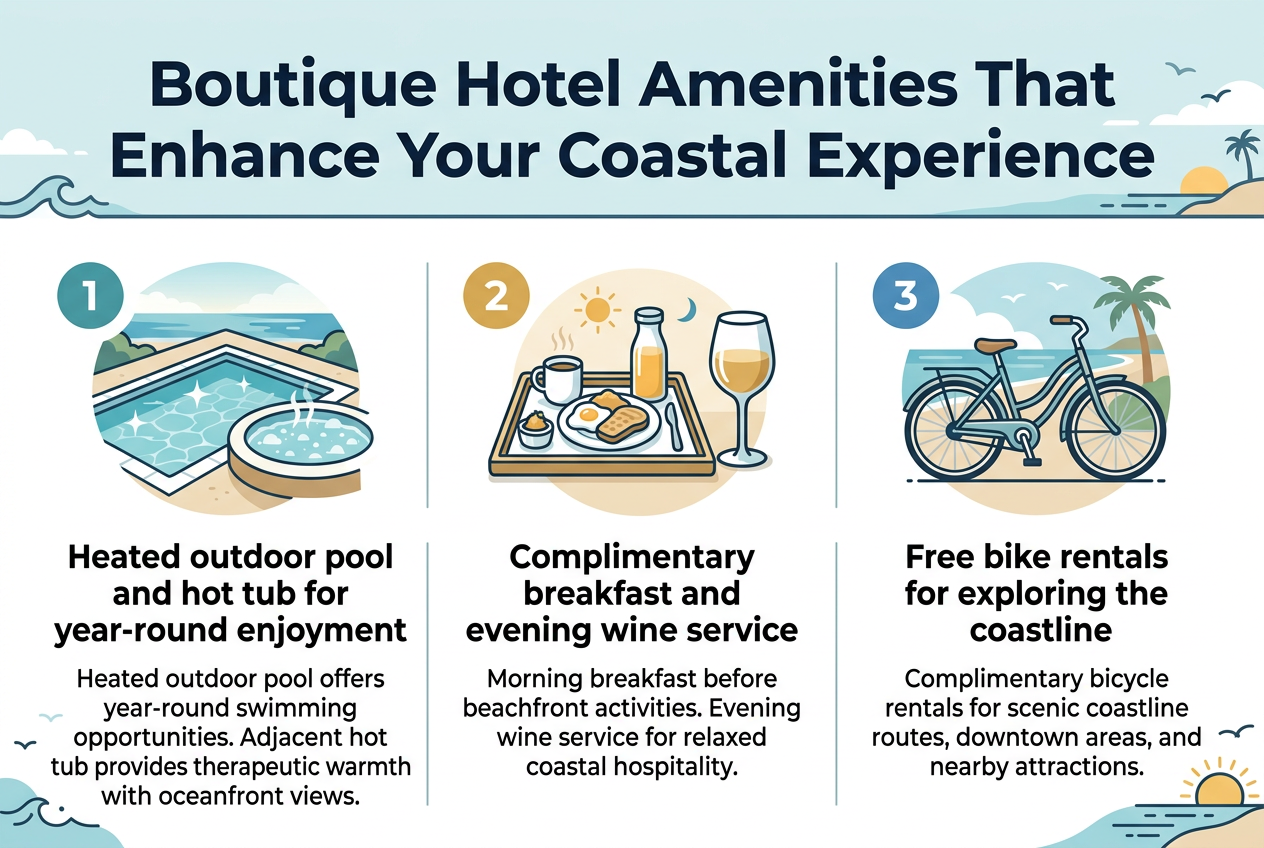 Aspect ratio 3:2, full-bleed infographic illustration with a clean professional layout, California coastal boutique hotel theme, soft ocean-blue, sand, white, and warm gold color palette, modern sans-serif fonts, clear visual hierarchy.
Top header spanning full width: bold large title in dark navy text, "Boutique Hotel Amenities That Enhance Your Coastal Experience". Subtle wave line and small coastal accents behind the title.
Below the title, arrange three wide horizontal content blocks in a 3-column layout across the center, each with a numbered circle, a large icon, a bold subheading, and one short paragraph of body text.
Left block: a teal circle with "1" and a heated pool + hot tub icon, showing a sparkling outdoor pool and adjacent bubbling hot tub with ocean view. Subheading text: "Heated outdoor pool and hot tub for year-round enjoyment". Body text: "Heated outdoor pool offers year-round swimming opportunities. Adjacent hot tub provides therapeutic warmth with oceanfront views."
Middle block: a gold circle with "2" and a breakfast tray plus wine glass icon, showing a morning breakfast tray and an evening wine glass. Subheading text: "Complimentary breakfast and evening wine service". Body text: "Morning breakfast before beachfront activities. Evening wine service for relaxed coastal hospitality."
Right block: a blue circle with "3" and a bicycle icon, showing a stylish rental bike with a coastal path and palm/ocean backdrop. Subheading text: "Free bike rentals for exploring the coastline". Body text: "Complimentary bicycle rentals for scenic coastline routes, downtown areas, and nearby attractions."
Use consistent icon style, crisp flat vector illustration, subtle shadows, generous spacing, and strong alignment. Add thin divider lines between the three blocks. Include small coastal detail accents such as waves, sun, and seagulls near the edges. No extra text.