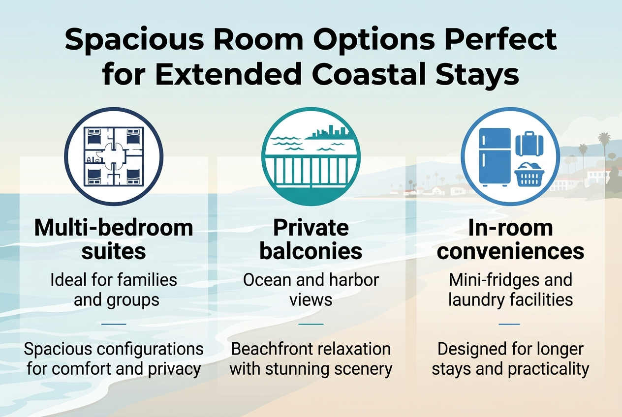 3:2 wide full-bleed infographic, clean professional coastal hotel design, soft ocean-blue, sandy beige, white, and teal color palette, modern sans-serif typography, bold title at top across full width: "Spacious Room Options Perfect for Extended Coastal Stays"
Below the title, create three wide horizontal content blocks arranged left-to-right across the center, each with a circular icon and clear text.
Left block: a navy icon of a multi-bedroom suite floorplan with small bed symbols, heading in bold: "Multi-bedroom suites", smaller text beneath: "Ideal for families and groups" and "Spacious configurations for comfort and privacy"
Center block: a teal icon of a balcony railing with ocean waves and a harbor skyline, heading in bold: "Private balconies", smaller text beneath: "Ocean and harbor views" and "Beachfront relaxation with stunning scenery"
Right block: a blue icon of a mini-fridge, suitcase, and laundry basket, heading in bold: "In-room conveniences", smaller text beneath: "Mini-fridges and laundry facilities" and "Designed for longer stays and practicality"
Add a subtle coastal background with soft waves, shoreline gradient, and distant Santa Barbara-inspired beachfront scenery, kept light and minimal so the text remains dominant. Use clear section dividers, balanced spacing, and strong visual hierarchy. No border frame, no inset margins, no narrow vertical stack.