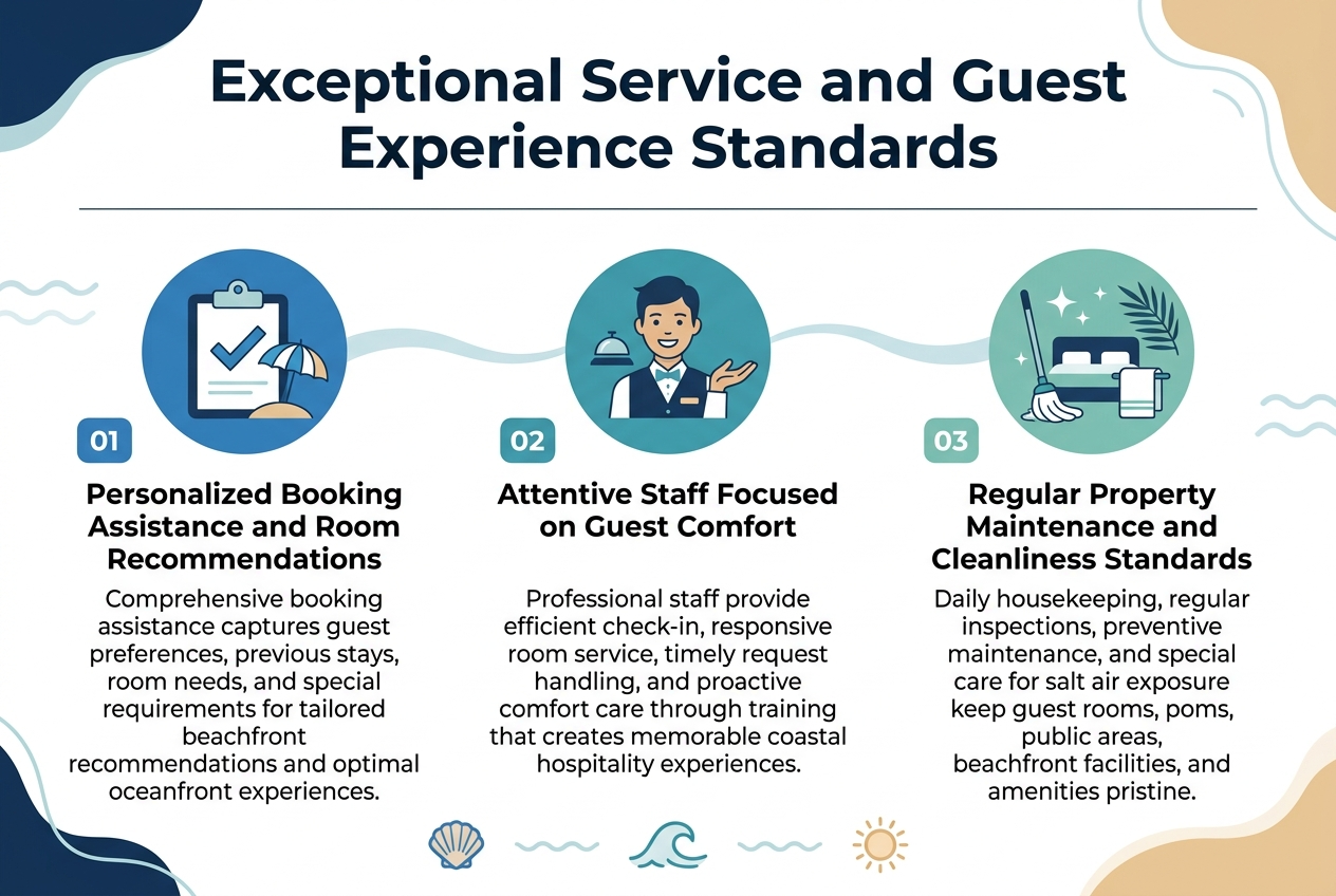 Create a full-bleed professional infographic in a 3:2 aspect ratio with a clean coastal hospitality aesthetic, using deep navy, ocean blue, seafoam, white, and warm sand accents. Place a bold top headline across the upper center in large modern sans-serif text: "Exceptional Service and Guest Experience Standards". Use a wide horizontal layout with three evenly spaced content blocks across the page, each with a distinct icon, numbered label, and short paragraph. Add subtle wave and coastline design accents in the background, with crisp flat illustration style, high readability, and no inset frame.
Left block: a blue circular icon of a clipboard with a checkmark and a small beach umbrella. Number label "01" above the heading. Heading text: "Personalized Booking Assistance and Room Recommendations". Body text below in smaller clean sans-serif: "Comprehensive booking assistance captures guest preferences, previous stays, room needs, and special requirements for tailored beachfront recommendations and optimal oceanfront experiences."
Center block: a teal circular icon of a smiling hotel staff member with a bell and hand gesture. Number label "02" above the heading. Heading text: "Attentive Staff Focused on Guest Comfort". Body text below: "Professional staff provide efficient check-in, responsive room service, timely request handling, and proactive comfort care through training that creates memorable coastal hospitality experiences."
Right block: a seafoam circular icon of a sparkling hotel room with a mop, towel, and palm leaf. Number label "03" above the heading. Heading text: "Regular Property Maintenance and Cleanliness Standards". Body text below: "Daily housekeeping, regular inspections, preventive maintenance, and special care for salt air exposure keep guest rooms, public areas, beachfront facilities, and amenities pristine."
Add a thin horizontal divider line beneath the headline, and small decorative coastal icons near the bottom edge such as a shell, wave, and sun. Use bold headings, smaller body text, strong hierarchy, ample spacing, and a polished corporate infographic style.
