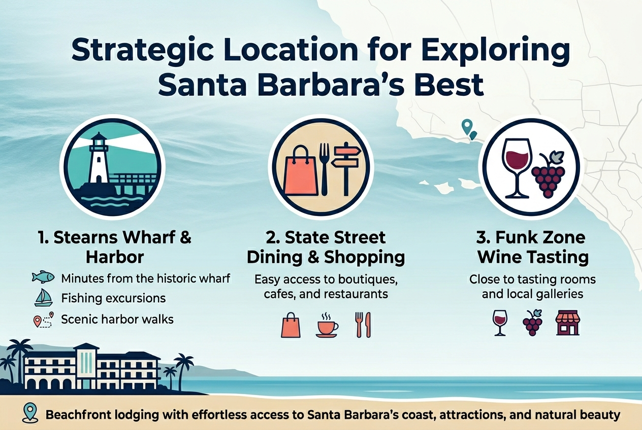 Aspect ratio 3:2, full-bleed infographic illustration, clean professional coastal travel design, wide horizontal layout with no frame.
Top center bold heading in large navy sans-serif font: "Strategic Location for Exploring Santa Barbara's Best"
Background: soft ocean-blue to white gradient with subtle wave texture and faint coastline/map lines. Use crisp modern icons, teal, navy, sand, and coral accents.
Below the heading, arrange three wide horizontal sections across the middle in a balanced multi-column layout:
Left section:
Large circular icon of a white lighthouse and pier in teal/navy.
Title text: "1. Stearns Wharf & Harbor"
Short body text: "Minutes from the historic wharf"
Second line: "Fishing excursions"
Third line: "Scenic harbor walks"
Add small icon markers: fish, sailboat, walking path.
Center section:
Large circular icon of shopping bag, fork and knife, and street sign in coral/navy.
Title text: "2. State Street Dining & Shopping"
Short body text: "Easy access to boutiques, cafes, and restaurants"
Add small icons: shopping bag, coffee cup, dining fork.
Right section:
Large circular icon of wine glass and grape cluster in burgundy/navy.
Title text: "3. Funk Zone Wine Tasting"
Short body text: "Close to tasting rooms and local galleries"
Add small icons: wine glass, grapes, storefront.
Along the bottom, a full-width band with a beachfront hotel silhouette, palm trees, and ocean horizon. Include a small location pin icon and a concise footer statement in bold:
"Beachfront lodging with effortless access to Santa Barbara's coast, attractions, and natural beauty"
Typography: modern sans-serif, bold section titles, smaller readable body text, clear hierarchy, high contrast. Clean spacing, polished travel brochure aesthetic, no extra text.
