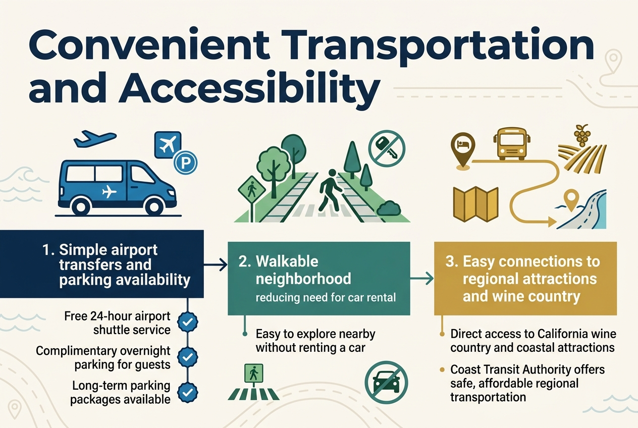 Create a clean, professional full-bleed infographic in 3:2 landscape ratio with a modern coastal travel aesthetic in navy, teal, sand, and white. Use a bold sans-serif font for headings and a smaller readable sans-serif for body text. Place a large title across the top: "Convenient Transportation and Accessibility".
Below the title, arrange three wide horizontal content blocks across the center and lower half of the layout, using a 3-column structure or a connected left-to-right flow. Each block should have a numbered circle, a clear icon, a short subheading, and 1–2 lines of body text.
Block 1 on the left: a blue airport shuttle van icon with a small airplane icon and parking symbol. Subheading text: "1. Simple airport transfers and parking availability". Body text: "Free 24-hour airport shuttle service" and "Complimentary overnight parking for guests" and "Long-term parking packages available". Include a small checkmark badge next to each line.
Block 2 in the center: a green walkable neighborhood icon with sidewalks, trees, and a walking person. Subheading text: "2. Walkable neighborhood reducing need for car rental". Body text: "Easy to explore nearby without renting a car". Add a small pedestrian crossing marker and a car key icon crossed out.
Block 3 on the right: a golden map route icon with a transit bus, vineyard rows, and a coastal road. Subheading text: "3. Easy connections to regional attractions and wine country". Body text: "Direct access to California wine country and coastal attractions" and "Coast Transit Authority offers safe, affordable regional transportation". Add route lines connecting a hotel pin to a vineyard icon and shoreline icon.
Use subtle background elements like faint coastal waves, road lines, and map pins, but keep the layout uncluttered. Make the title bold and prominent at the top, with the three blocks evenly spaced below, aligned horizontally, and connected by thin directional lines or arrows. Ensure all visible text matches exactly the quoted text.