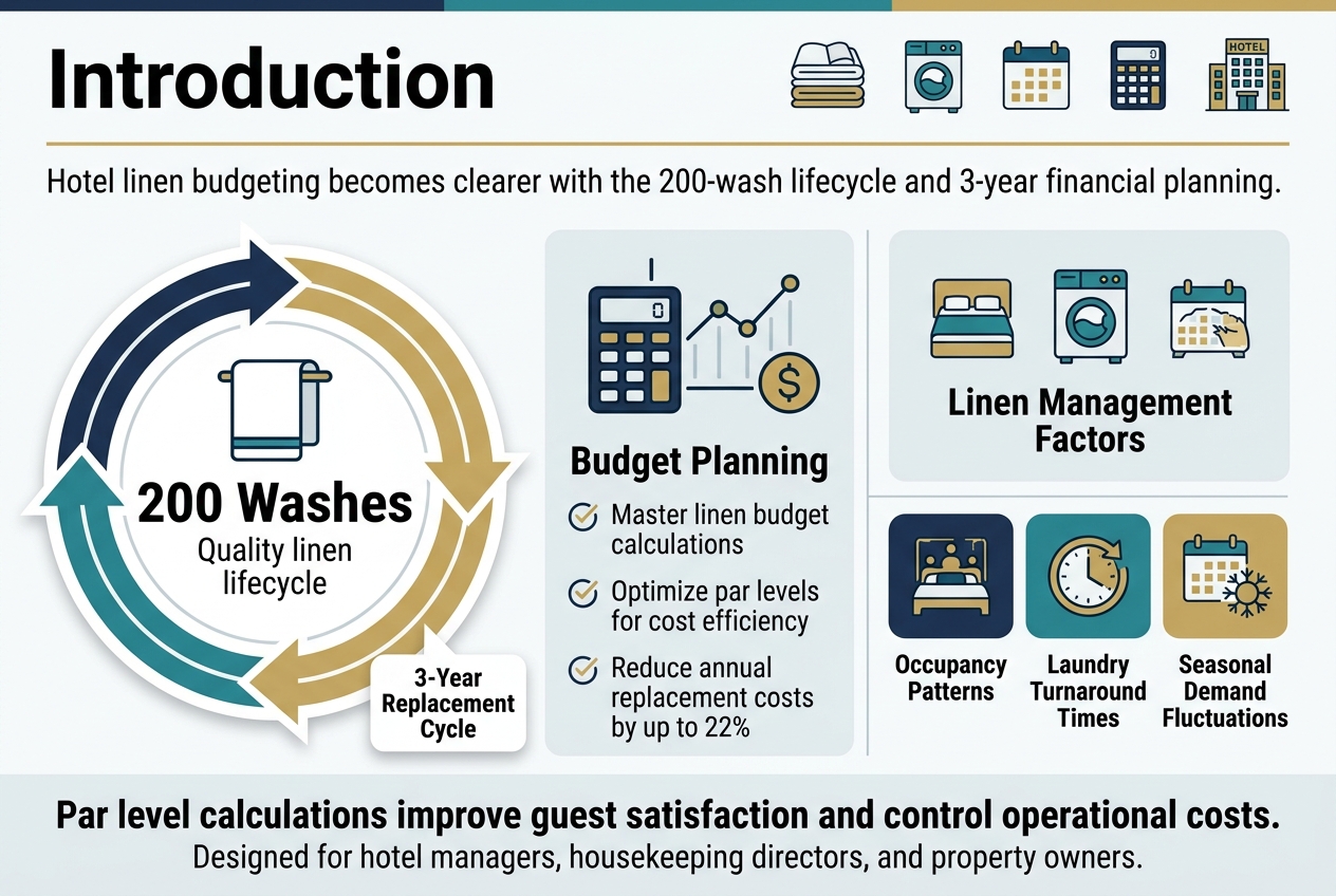 Aspect ratio 3:2, full-bleed clean professional hospitality infographic in a wide horizontal layout, white background with navy, teal, gold, and light gray accents, modern sans-serif fonts, bold title at top left: "Introduction".
Across the top, a wide header band with a small hotel linen icon set: folded towel stack, washing machine, calendar, calculator, and hotel building symbol. Under the title, a subtitle line in medium weight text: "Hotel linen budgeting becomes clearer with the 200-wash lifecycle and 3-year financial planning."
Main content arranged in three horizontal sections across the page, not a vertical stack:
Left section: a large circular lifecycle graphic with a linen towel icon in the center and a looping arrow ring around it. Inside and around the circle, large text: "200 Washes" and smaller text beneath: "Quality linen lifecycle". Below the circle, a small callout box with bold text: "3-Year Replacement Cycle".
Center section: a financial planning panel with a calculator icon, a line chart, and a dollar symbol. Include a bold heading: "Budget Planning". Under it, three bullet-style lines with check icons:
"Master linen budget calculations"
"Optimize par levels for cost efficiency"
"Reduce annual replacement costs by up to 22%"
Right section: a management factors panel with three stacked icon blocks laid out horizontally within the section, each with a distinct symbol and label:
1. A room occupancy icon with text: "Occupancy Patterns"
2. A laundry turnaround clock icon with text: "Laundry Turnaround Times"
3. A seasonal calendar and sun/snow icon with text: "Seasonal Demand Fluctuations"
Along the bottom, a wide summary strip with a highlighted bar and bold text: "Par level calculations improve guest satisfaction and control operational costs." Add a second smaller line: "Designed for hotel managers, housekeeping directors, and property owners."
Use clear section dividers, subtle shadows, strong visual hierarchy, and balanced spacing. Keep all text crisp and legible, with the title largest, section headings medium-large, and supporting text smaller.