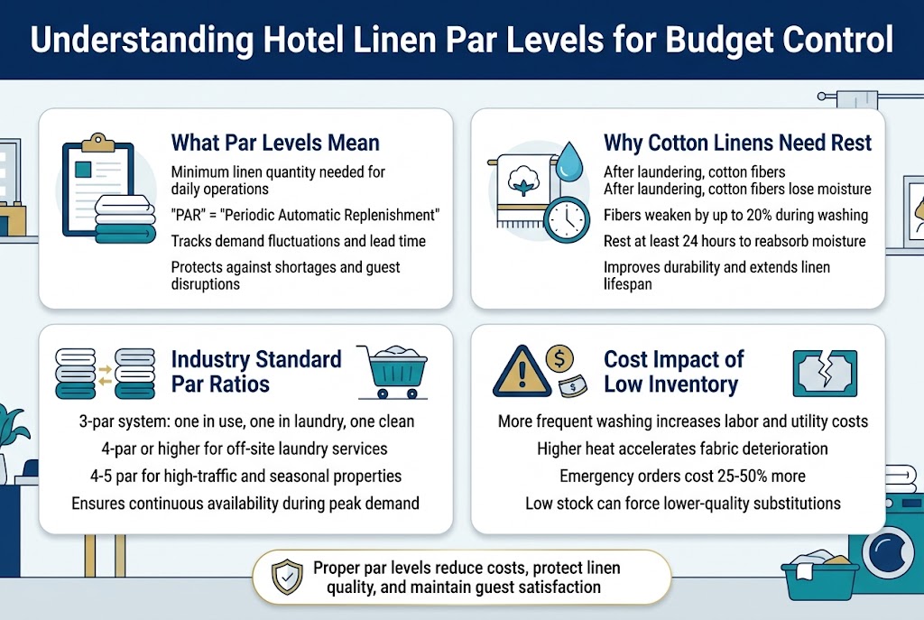 Create a clean, professional full-bleed infographic illustration in a 3:2 aspect ratio with a modern hotel-industry style. Use a wide horizontal layout with a bold top title bar, then four evenly spaced content sections across the page in a 2x2 grid or wide multi-column layout. Use navy blue, teal, white, light gray, and gold accents. Use a crisp sans-serif font with strong hierarchy: large bold title, medium bold section headings, smaller readable body text. Include simple flat icons for each section.
Top header across the full width:
"Understanding Hotel Linen Par Levels for Budget Control"
Section 1 on the upper left with a clipboard and stacked linen icon:
Heading: "What Par Levels Mean"
Body text:
"Minimum linen quantity needed for daily operations"
""PAR" = "Periodic Automatic Replenishment""
"Tracks demand fluctuations and lead time"
"Protects against shortages and guest disruptions"
Section 2 on the upper right with a cotton towel, water droplet, and clock icon:
Heading: "Why Cotton Linens Need Rest"
Body text:
"After laundering, cotton fibers lose moisture"
"Fibers weaken by up to 20% during washing"
"Rest at least 24 hours to reabsorb moisture"
"Improves durability and extends linen lifespan"
Section 3 on the lower left with three stacked linen sets, arrows, and laundry cart icon:
Heading: "Industry Standard Par Ratios"
Body text:
"3-par system: one in use, one in laundry, one clean"
"4-par or higher for off-site laundry services"
"4-5 par for high-traffic and seasonal properties"
"Ensures continuous availability during peak demand"
Section 4 on the lower right with warning triangle, dollar sign, and broken linen icon:
Heading: "Cost Impact of Low Inventory"
Body text:
"More frequent washing increases labor and utility costs"
"Higher heat accelerates fabric deterioration"
"Emergency orders cost 25-50% more"
"Low stock can force lower-quality substitutions"
Add a subtle center-bottom summary strip with a gold highlight and a shield icon:
"Proper par levels reduce costs, protect linen quality, and maintain guest satisfaction"
Use clean dividers between sections, rounded cards, subtle shadows, and balanced spacing. Keep all text legible and neatly aligned. No photo background; use a light professional infographic background with minimal decorative hotel/laundry elements.