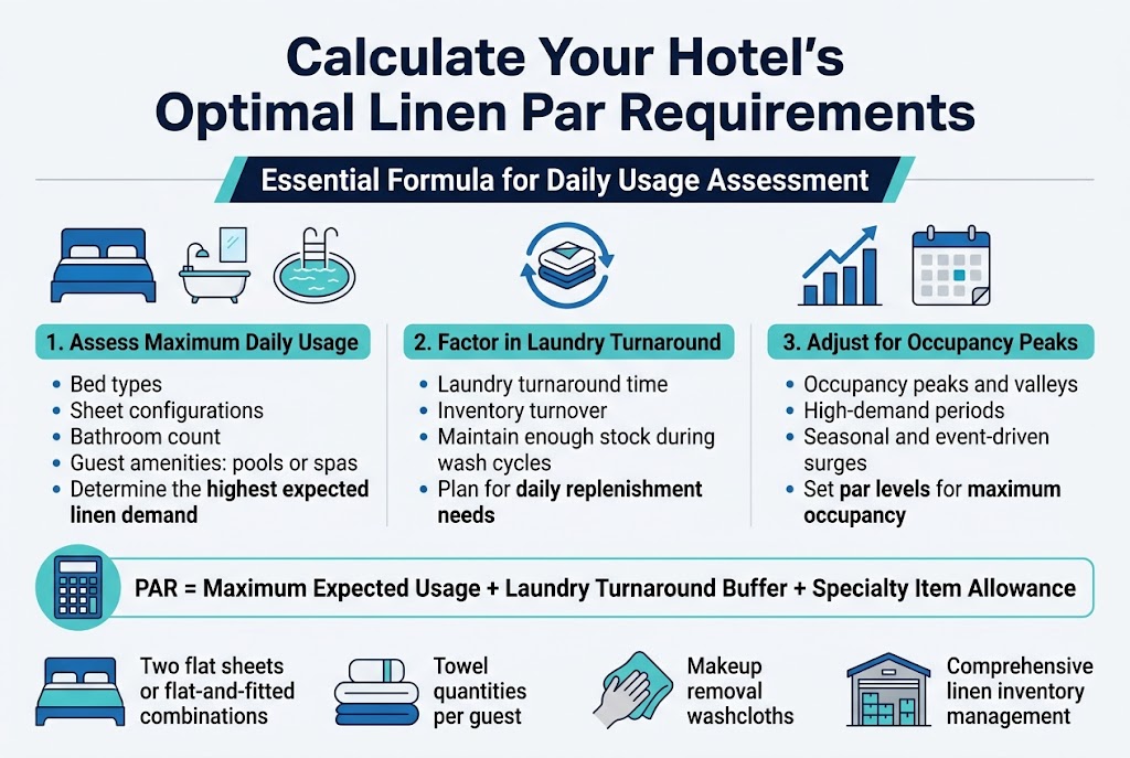 Create a clean, professional infographic illustration in a 3:2 aspect ratio, full-bleed wide layout with no frame and no large margins. Use a modern hotel-industry style with navy blue, teal, white, and light gray accents, crisp sans-serif fonts, and strong visual hierarchy.
Top center: large bold headline in dark navy text:
"Calculate Your Hotel's Optimal Linen Par Requirements"
Under the headline, place a wide horizontal subheader banner with teal accent:
"Essential Formula for Daily Usage Assessment"
Main layout: three wide horizontal sections across the page, arranged left to right with clear icons and numbered labels.
Left section:
Title: "1. Assess Maximum Daily Usage"
Include a blue bed icon, a small bathroom icon, and a pool/spa icon.
Body text in compact bullet style:
"Bed types"
"Sheet configurations"
"Bathroom count"
"Guest amenities: pools or spas"
"Determine the highest expected linen demand"
Center section:
Title: "2. Factor in Laundry Turnaround"
Include a rotating arrows icon around folded linens.
Body text:
"Laundry turnaround time"
"Inventory turnover"
"Maintain enough stock during wash cycles"
"Plan for daily replenishment needs"
Right section:
Title: "3. Adjust for Occupancy Peaks"
Include a rising bar chart icon and a calendar icon.
Body text:
"Occupancy peaks and valleys"
"High-demand periods"
"Seasonal and event-driven surges"
"Set par levels for maximum occupancy"
Along the bottom, add a wide highlighted formula bar with a calculator icon on the left:
"PAR = Maximum Expected Usage + Laundry Turnaround Buffer + Specialty Item Allowance"
Bottom row with four small illustrated callout blocks, each with a clear icon:
"Two flat sheets or flat-and-fitted combinations"
"Towel quantities per guest"
"Makeup removal washcloths"
"Comprehensive linen inventory management"
Use clean spacing, aligned blocks, subtle shadows, and clear section dividers. Emphasize key words in bold dark navy text, with teal highlights for labels and numbers. The overall composition should be balanced, wide, and easy to scan.