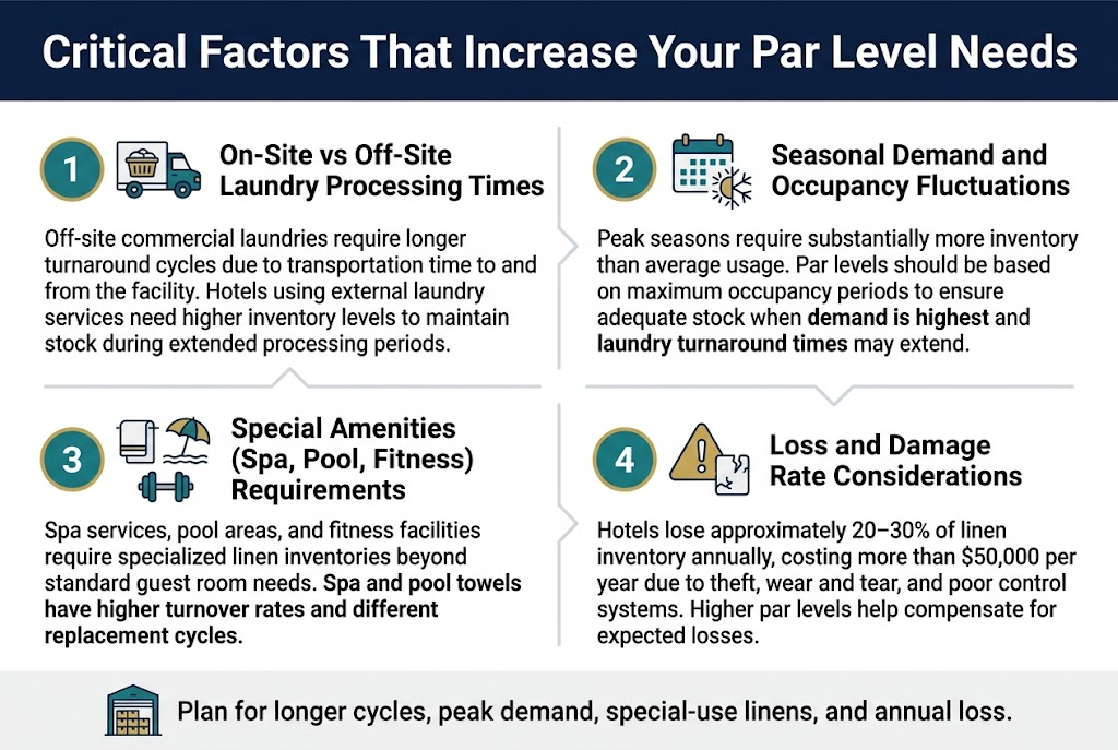 Create a clean, professional full-bleed infographic in a 3:2 aspect ratio with a wide horizontal layout, no poster frame, no inset margins, and no narrow centered stack. Use a modern hotel-industry style with white background, deep navy headings, teal and gold accents, subtle light gray dividers, and a sans-serif font hierarchy. Place a bold title across the top:
"Critical Factors That Increase Your Par Level Needs"
Below the title, organize the content into four wide numbered sections arranged in a 2x2 grid or four horizontal blocks across the page, each with a colored circular number badge, a simple icon, a bold subheading, and a short explanatory paragraph.
Section 1, left upper area:
Number badge "1" with a truck and laundry basket icon.
Subheading: "On-Site vs Off-Site Laundry Processing Times"
Body text: "Off-site commercial laundries require longer turnaround cycles due to transportation time to and from the facility. Hotels using external laundry services need higher inventory levels to maintain stock during extended processing periods."
Section 2, right upper area:
Number badge "2" with a calendar and sun/snowflake icon.
Subheading: "Seasonal Demand and Occupancy Fluctuations"
Body text: "Peak seasons require substantially more inventory than average usage. Par levels should be based on maximum occupancy periods to ensure adequate stock when demand is highest and laundry turnaround times may extend."
Section 3, left lower area:
Number badge "3" with a spa towel, pool umbrella, and dumbbell icon.
Subheading: "Special Amenities (Spa, Pool, Fitness) Requirements"
Body text: "Spa services, pool areas, and fitness facilities require specialized linen inventories beyond standard guest room needs. Spa and pool towels have higher turnover rates and different replacement cycles."
Section 4, right lower area:
Number badge "4" with a warning triangle and damaged linen icon.
Subheading: "Loss and Damage Rate Considerations"
Body text: "Hotels lose approximately 20–30% of linen inventory annually, costing more than $50,000 per year due to theft, wear and tear, and poor control systems. Higher par levels help compensate for expected losses."
Add a small bottom summary banner spanning the width of the infographic with a warehouse linen stack icon and the text:
"Plan for longer cycles, peak demand, special-use linens, and annual loss."
Use clear visual hierarchy, bold section headings, legible body text, and consistent spacing between blocks. Include subtle arrows or flow lines connecting the sections to suggest cumulative impact on par level needs.