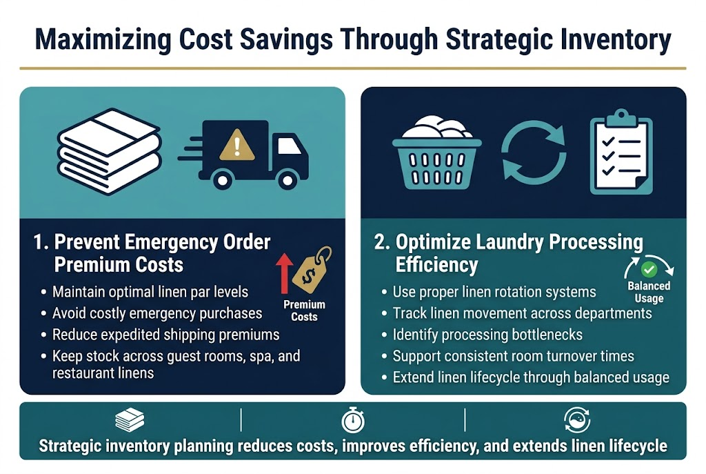 Create a full-bleed professional infographic in a 3:2 aspect ratio, with a clean modern hotel-management style, using deep navy, teal, white, and gold accents. Use a wide horizontal layout with two large side-by-side content blocks beneath a bold top title.
Top center headline in large bold sans-serif text:
"Maximizing Cost Savings Through Strategic Inventory"
Under the title, place a thin gold divider line.
Left side section: a large teal-and-navy block with a simple icon of stacked linen sheets and a delivery truck with a warning symbol.
Section heading in bold:
"1. Prevent Emergency Order Premium Costs"
Below it, include short bullet text in dark readable sans-serif:
"Maintain optimal linen par levels"
"Avoid costly emergency purchases"
"Reduce expedited shipping premiums"
"Keep stock across guest rooms, spa, and restaurant linens"
Add a small visual callout with a red upward arrow and a price tag icon labeled:
"Premium Costs"
Right side section: a matching navy-and-teal block with an icon of a laundry basket, circular arrows, and a tracking clipboard.
Section heading in bold:
"2. Optimize Laundry Processing Efficiency"
Below it, include short bullet text:
"Use proper linen rotation systems"
"Track linen movement across departments"
"Identify processing bottlenecks"
"Support consistent room turnover times"
"Extend linen lifecycle through balanced usage"
Add a small visual callout with a green checkmark and circular flow arrows labeled:
"Balanced Usage"
Along the bottom, add a wide horizontal summary bar with three small icons separated by dividers: a linen sheet icon, a stopwatch icon, and a laundry cycle icon. Include centered summary text in bold:
"Strategic inventory planning reduces costs, improves efficiency, and extends linen lifecycle"
Use strong visual hierarchy, crisp icons, clear spacing, and readable text. Keep the layout balanced and spacious, with no vertical poster frame.