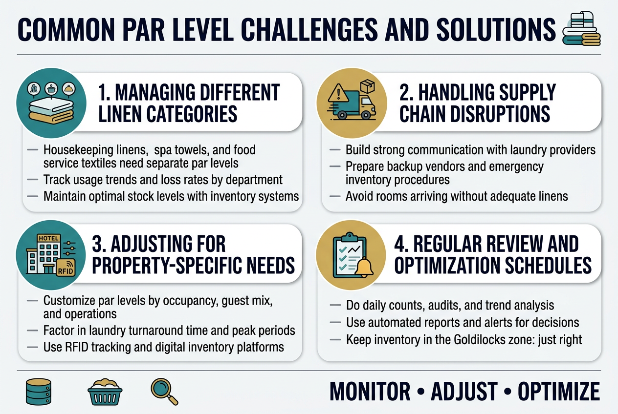 Create a clean professional infographic illustration in a 3:2 aspect ratio with a full-bleed layout and no frame. Use a modern hotel-industry style with a white background, deep navy headings, teal and gold accent colors, subtle gray dividers, and a sans-serif font with bold uppercase title.
Top header across the full width:
"Common Par Level Challenges and Solutions"
Add a small stacked linen/towel icon beside the title.
Below the title, arrange four wide horizontal content blocks in a 2x2 grid with rounded rectangles, each with a colored circular icon on the left, a bold section heading, and 2–3 short bullet lines.
Top left block:
Icon: three folded linens labeled with small department symbols.
Heading: "1. Managing Different Linen Categories"
Bullets:
"Housekeeping linens, spa towels, and food service textiles need separate par levels"
"Track usage trends and loss rates by department"
"Maintain optimal stock levels with inventory systems"
Top right block:
Icon: delivery truck with warning symbol and backup box.
Heading: "2. Handling Supply Chain Disruptions"
Bullets:
"Build strong communication with laundry providers"
"Prepare backup vendors and emergency inventory procedures"
"Avoid rooms arriving without adequate linens"
Bottom left block:
Icon: hotel building with sliders and RFID tag.
Heading: "3. Adjusting for Property-Specific Needs"
Bullets:
"Customize par levels by occupancy, guest mix, and operations"
"Factor in laundry turnaround time and peak periods"
"Use RFID tracking and digital inventory platforms"
Bottom right block:
Icon: clipboard checklist with chart line and alert bell.
Heading: "4. Regular Review and Optimization Schedules"
Bullets:
"Do daily counts, audits, and trend analysis"
"Use automated reports and alerts for decisions"
"Keep inventory in the Goldilocks zone: just right"
Add a thin footer strip across the bottom with a simple flow row of three small icons: database, laundry basket, magnifying glass, and the caption in bold:
"Monitor • Adjust • Optimize"
Use clean spacing, aligned text, clear hierarchy, and professional iconography. No photographs, no people, no extra text.