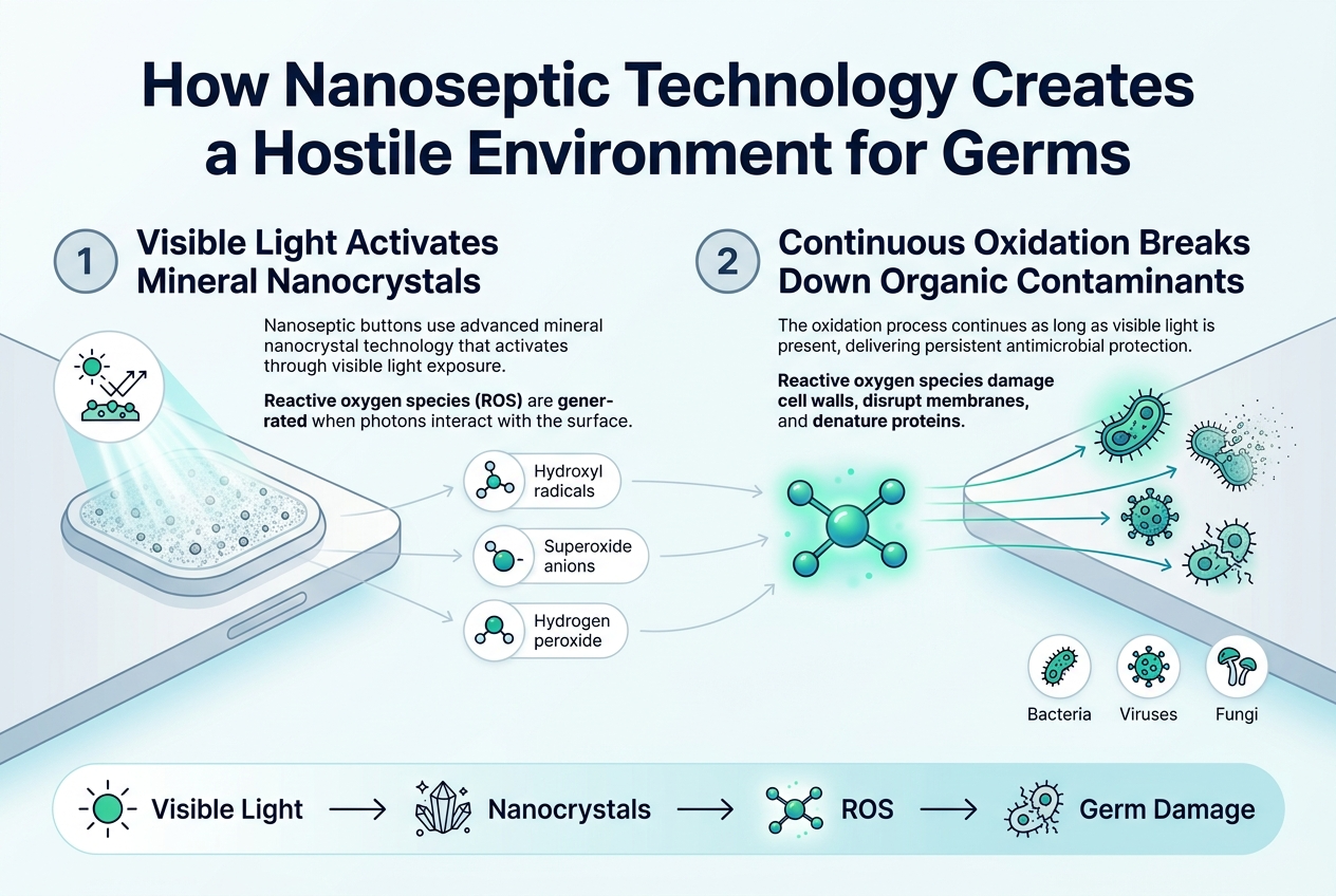 Create a full-bleed 3:2 landscape infographic with a clean modern scientific style, white background with subtle light-blue gradient accents, dark navy headings, teal and green highlights, crisp sans-serif typography, and strong visual hierarchy.
Top center: bold large title in dark navy text: "How Nanoseptic Technology Creates a Hostile Environment for Germs"
Below the title, arrange the infographic in two wide horizontal sections across the page, not a narrow vertical stack.
Left wide section:
- A numbered circle "1" beside the heading: "Visible Light Activates Mineral Nanocrystals"
- Show a stylized surface or button with tiny mineral nanocrystal particles.
- Add bright visible light rays shining onto the surface.
- Include a small icon cluster of light photons striking the nanocrystals.
- Under the heading, place short body text in smaller font:
"Nanoseptic buttons use advanced mineral nanocrystal technology that activates through visible light exposure."
- Add a second line of emphasized text:
"Reactive oxygen species (ROS) are generated when photons interact with the surface."
- Show three labeled molecular icons or small callouts: "Hydroxyl radicals", "Superoxide anions", "Hydrogen peroxide"
Right wide section:
- A numbered circle "2" beside the heading: "Continuous Oxidation Breaks Down Organic Contaminants"
- Show a high-touch surface with germs being attacked by glowing reactive particles.
- Use arrows from the ROS molecules toward bacteria, viruses, and fungi icons.
- Include visual damage effects on microbe icons: cracked cell wall, broken membrane, fading particles.
- Under the heading, place short body text in smaller font:
"The oxidation process continues as long as visible light is present, delivering persistent antimicrobial protection."
- Add a second line of emphasized text:
"Reactive oxygen species damage cell walls, disrupt membranes, and denature proteins."
- Add three small labeled icons near the bottom of this section: "Bacteria", "Viruses", "Fungi"
Bottom across the full width:
- A horizontal flow strip with four connected icons and arrows:
"Visible Light" → "Nanocrystals" → "ROS" → "Germ Damage"
- Use simple clean icons: sun/light rays, crystal particles, glowing molecule cluster, damaged microbe.
Style details:
- Use a professional medical infographic palette with navy, teal, green, and light gray.
- Use thin connecting arrows and subtle glowing effects around ROS.
- Keep all elements clear, spacious, and aligned in a wide layout.
- No border frame, no poster mockup, no tall centered column layout.