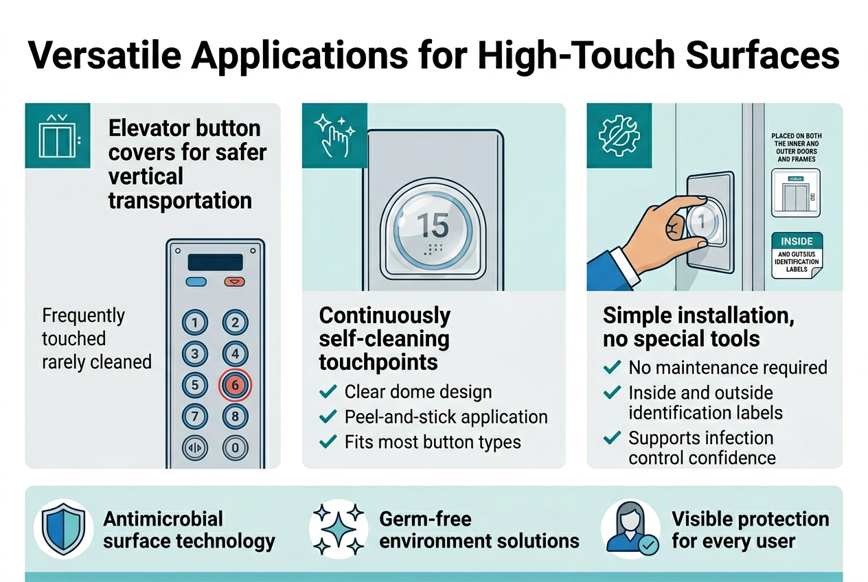 Aspect ratio 3:2, full-bleed professional infographic illustration with clean modern corporate style, white background with teal, blue, and light gray accents, bold sans-serif typography, clear visual hierarchy.
Top header across the full width: large bold title text, "Versatile Applications for High-Touch Surfaces"
Below the title, create a wide 3-column horizontal layout with icon-led blocks:
Left block: a detailed elevator panel illustration with highlighted buttons and a red “high-touch” sparkle accent.
Heading text: "Elevator button covers for safer vertical transportation"
Short body text in two lines: "Frequently touched" and "rarely cleaned"
Center block: a close-up of a clear peel-and-stick dome cover placed over an elevator button, with the floor number still visible through the transparent material.
Heading text: "Continuously self-cleaning touchpoints"
Three small checkmark bullets:
"Clear dome design"
"Peel-and-stick application"
"Fits most button types"
Right block: a building manager hand installing the cover with no tools, plus small label stickers shown inside and outside elevator areas.
Heading text: "Simple installation, no special tools"
Three checkmark bullets:
"No maintenance required"
"Inside and outside identification labels"
"Supports infection control confidence"
Along the bottom, a wide horizontal strip with three icon callouts:
A shield icon with text: "Antimicrobial surface technology"
A sparkle-clean icon with text: "Germ-free environment solutions"
A user confidence icon with text: "Visible protection for every user"
Use crisp line icons, subtle shadows, and spacious alignment. Keep all text exactly as shown.