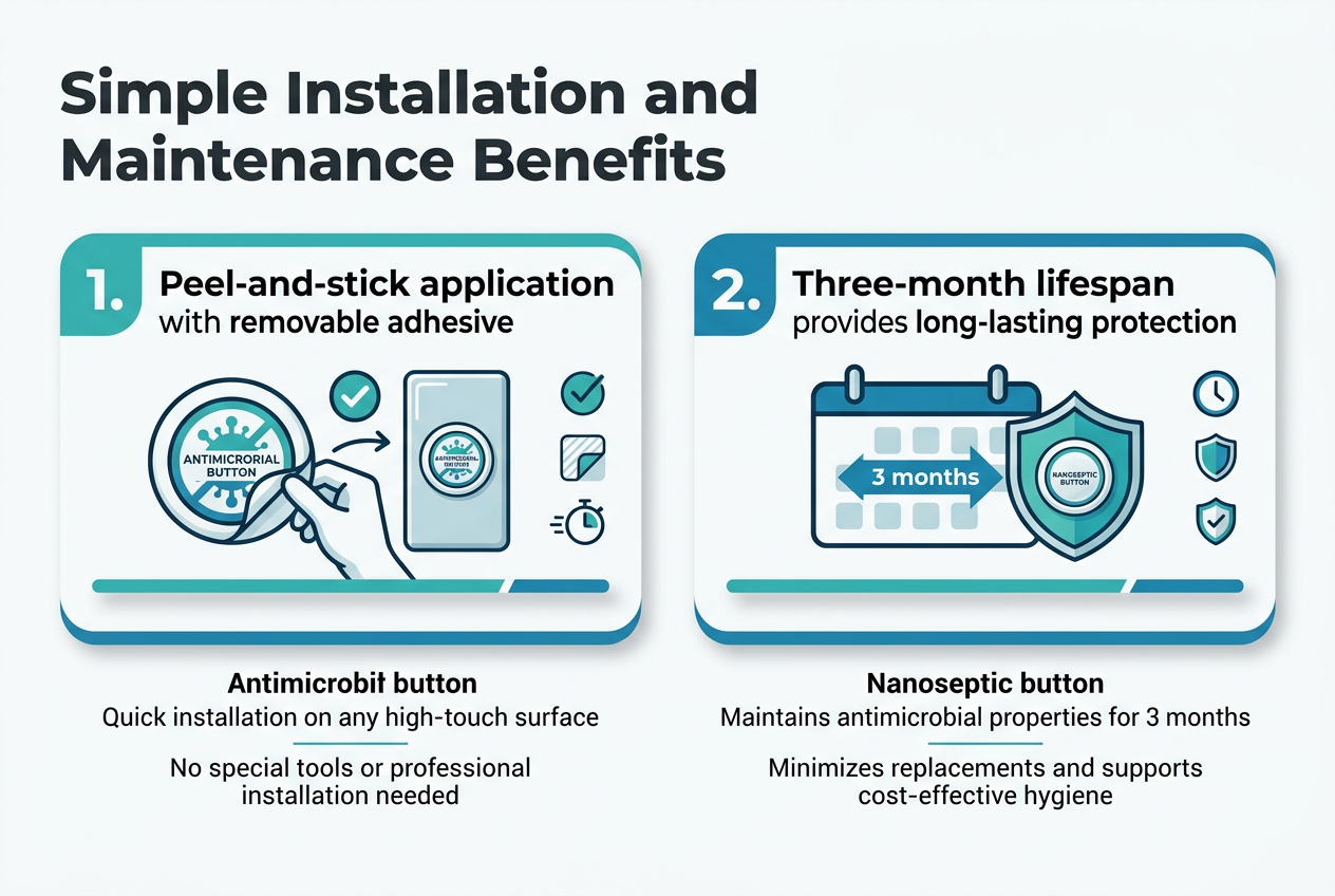 Create a clean, professional full-bleed infographic illustration in a 3:2 aspect ratio with a white background, teal and blue accents, and dark gray text. Place a bold top heading across the upper left and center: "Simple Installation and Maintenance Benefits". Use a modern sans-serif font with strong hierarchy.
Below the heading, organize the content into two wide horizontal sections side by side, each inside a rounded rectangular block with subtle shadow and a colored accent bar.
LEFT SECTION:
- Large title text: "1. Peel-and-stick application with removable adhesive"
- Show a detailed icon of a circular antimicrobial button being peeled from a backing sheet, with a hand applying it to a smooth high-touch surface such as a door handle or elevator button.
- Include small visual symbols of a checkmark, adhesive backing, and quick installation.
- Add short supporting text beneath the title: "Quick installation on any high-touch surface"
- Add a second short line: "No special tools or professional installation needed"
RIGHT SECTION:
- Large title text: "2. Three-month lifespan provides long-lasting protection"
- Show a large calendar icon or timeline icon with a highlighted 3-month span, plus a protective shield surrounding a nanoseptic button.
- Include small visual symbols of a clock, shield, and durability.
- Add short supporting text beneath the title: "Maintains antimicrobial properties for 3 months"
- Add a second short line: "Minimizes replacements and supports cost-effective hygiene"
Use clear numbered markers "1" and "2" in colored circles near each section title. Keep the layout balanced and wide, with the two blocks aligned horizontally across the center of the canvas. Use crisp vector-style graphics, minimal gradients, clean lines, and high contrast for easy readability. Include only the visible text specified above.