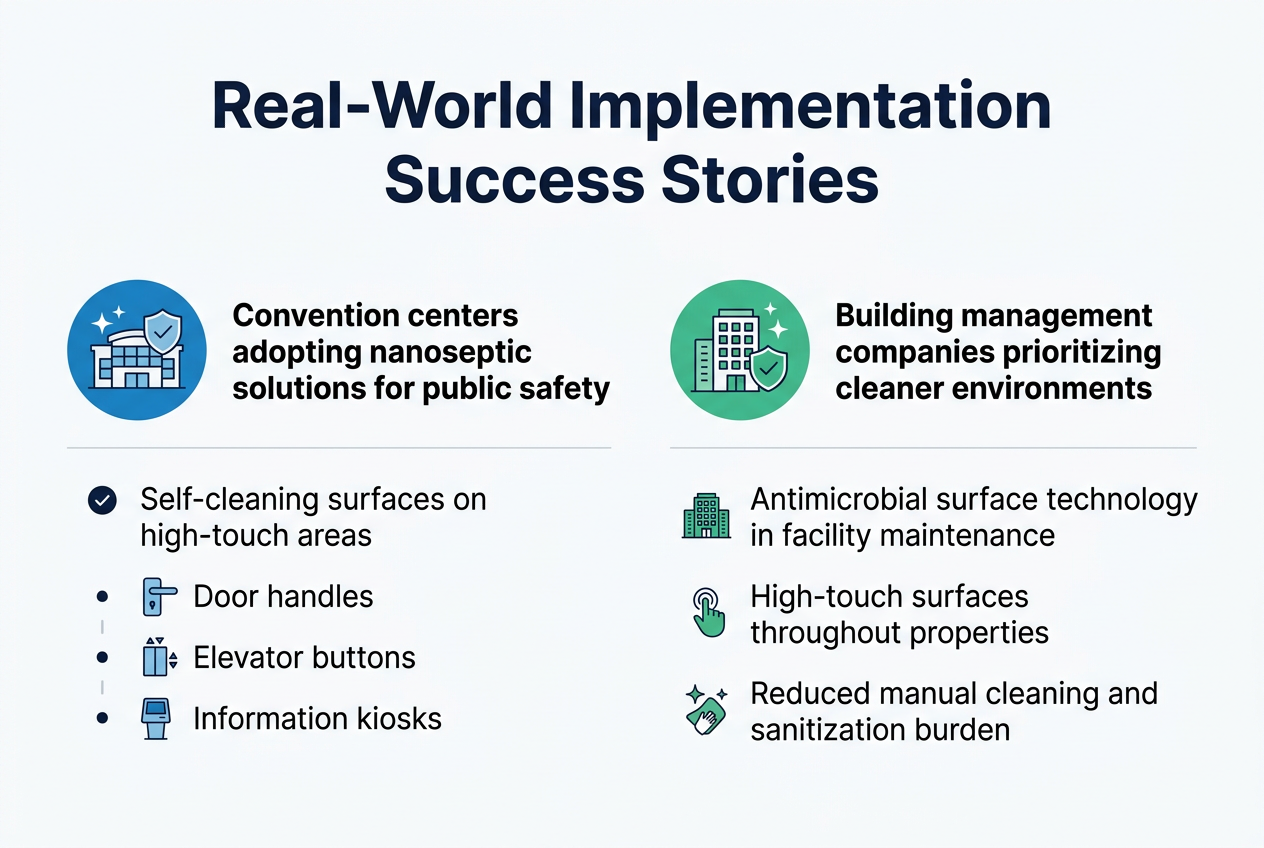 Create a clean professional infographic in a 3:2 aspect ratio, full-bleed layout with no frame, using a modern white background with blue, teal, and green accents.
Top center: a bold large heading in dark navy sans-serif text, exact title: "Real-World Implementation Success Stories"
Below the title, use two wide horizontal content blocks side by side across the page, each with an icon, a subheading, and 2–3 short bullet points.
Left block:
- A blue circular icon of a convention center building with a shield and sparkle highlights
- Subheading in bold: "Convention centers adopting nanoseptic solutions for public safety"
- Bullet points:
- "Self-cleaning surfaces on high-touch areas"
- "Door handles"
- "Elevator buttons"
- "Information kiosks"
- Add small visual symbols next to each bullet: handle icon, elevator button icon, kiosk icon
Right block:
- A green circular icon of an office building with a shield and cleaning sparkle highlights
- Subheading in bold: "Building management companies prioritizing cleaner environments"
- Bullet points:
- "Antimicrobial surface technology in facility maintenance"
- "High-touch surfaces throughout properties"
- "Reduced manual cleaning and sanitization burden"
- Add small visual symbols next to each bullet: office building icon, touchpoint icon, cleaning sparkle icon
Use a clean grid, strong spacing, and clear hierarchy. Make the two blocks balanced and visually aligned. Use dark text for body copy, bold headings, and subtle divider lines between sections. Include small checkmark markers or dots for bullet points. Keep the design polished, corporate, and easy to read.