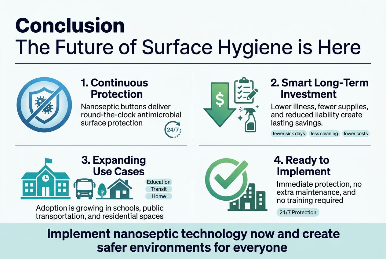Create a clean, professional full-bleed infographic in a 3:2 landscape aspect ratio about antimicrobial surface technology. Use a modern white background with teal, blue, green, and dark navy accents, crisp sans-serif typography, subtle gradients, and clear visual hierarchy. Place a bold top heading across the upper third: "Conclusion" with a larger subtitle directly below: "The Future of Surface Hygiene is Here". Add a thin divider line under the title.
Arrange the body in four wide horizontal sections or a 2x2 grid with numbered blocks, each with a distinct icon and short supporting text:
1) Left top block: a blue circular shield icon with a small microbe crossed out. Title text: "1. Continuous Protection". Supporting text: "Nanoseptic buttons deliver round-the-clock antimicrobial surface protection." Include a small 24/7 clock symbol.
2) Right top block: a green downward cost arrow icon beside a checklist and cleaning spray icon. Title text: "2. Smart Long-Term Investment". Supporting text: "Lower illness, fewer supplies, and reduced liability create lasting savings." Include small labels/icons for "fewer sick days", "less cleaning", and "lower costs".
3) Left bottom block: a teal school building icon, a transit bus icon, and a home icon in a row. Title text: "3. Expanding Use Cases". Supporting text: "Adoption is growing in schools, public transportation, and residential spaces." Add small caption labels: "Education", "Transit", "Home".
4) Right bottom block: a large green checkmark inside a circle with a simple facility/office silhouette. Title text: "4. Ready to Implement". Supporting text: "Immediate protection, no extra maintenance, and no training required." Add a small badge reading "24/7 Protection".
At the bottom, add a bold closing callout banner spanning the width: "Implement nanoseptic technology now and create safer environments for everyone". Use a strong dark navy text on a pale teal banner.
Use clean spacing, clear section borders, and balanced alignment. Keep all text sharp and legible. No photo realism; use polished flat vector infographic style with simple icons and minimal shadows.