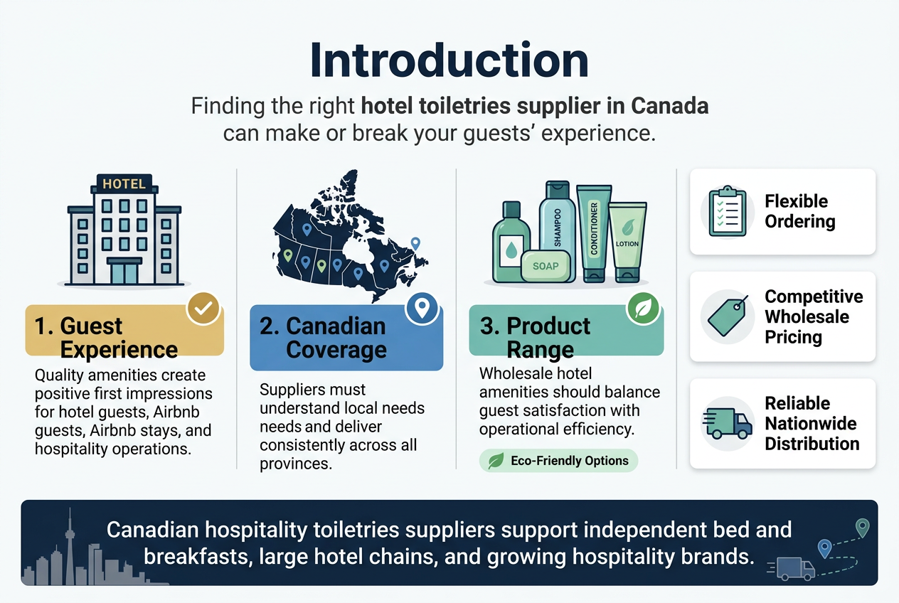 Create a clean, professional full-bleed infographic illustration in a 3:2 aspect ratio with a wide horizontal layout, no poster frame, no inset margins, and no narrow centered stack. Use a modern white background with deep navy, teal, and soft green accents, subtle gray dividers, and clear sans-serif typography. Place a bold top heading centered across the width: "Introduction". Directly beneath it, add a smaller subtitle in dark gray: "Finding the right hotel toiletries supplier in Canada can make or break your guests' experience."

Organize the content into four wide horizontal sections across the canvas, using numbered blocks with icons:

1) Left section: a hotel building icon beside the heading "1. Guest Experience" and short text: "Quality amenities create positive first impressions for hotel guests, Airbnb stays, and hospitality operations." Use a gold accent and a small checkmark icon.

2) Center-left section: a map of Canada icon with province markers beside the heading "2. Canadian Coverage" and short text: "Suppliers must understand local needs and deliver consistently across all provinces." Use a blue accent and a location pin icon.

3) Center-right section: a collection of toiletries icons—bottle, soap bar, shampoo, conditioner, lotion—beside the heading "3. Product Range" and short text: "Wholesale hotel amenities should balance guest satisfaction with operational efficiency." Add a green leaf icon and a small label: "Eco-Friendly Options". Use teal and green accents.

4) Right section: three compact benefit cards stacked vertically with icons: a clipboard icon next to "Flexible Ordering", a price tag icon next to "Competitive Wholesale Pricing", and a truck icon next to "Reliable Nationwide Distribution". Keep each card concise and aligned neatly.

Add a wide bottom banner spanning the full width with the text: "Canadian hospitality toiletries suppliers support independent bed and breakfasts, large hotel chains, and growing hospitality brands." Include a subtle skyline and delivery route graphic along the bottom edge. Use strong visual hierarchy, clean spacing, crisp lines, and professional editorial infographic styling.