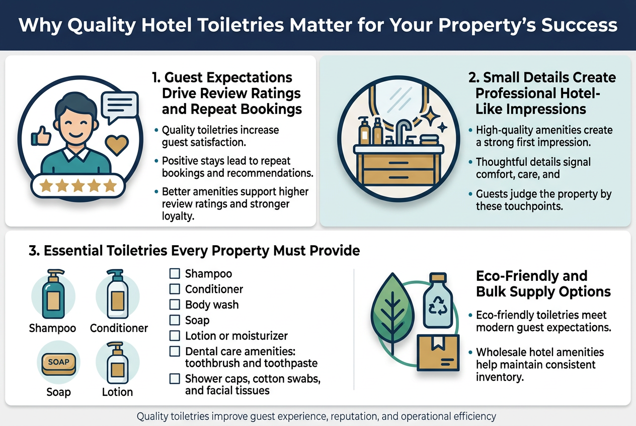 Create a full-bleed professional infographic in 3:2 landscape format with a clean modern hospitality style, using navy blue, teal, white, and warm gold accents. Use a bold sans-serif title at the top spanning the width.

Top heading:
"Why Quality Hotel Toiletries Matter for Your Property's Success"

Under the title, arrange 3 wide horizontal content panels across the page with clear numbering, icons, and short text blocks. Use a clean grid, not a vertical poster layout.

Panel 1 on the upper left and center:
A large circular icon of a smiling guest with a star rating and a heart, plus a small review speech bubble.
Heading text:
"1. Guest Expectations Drive Review Ratings and Repeat Bookings"
Body text in 2–3 short lines:
"Quality toiletries increase guest satisfaction."
"Positive stays lead to repeat bookings and recommendations."
"Better amenities support higher review ratings and stronger loyalty."

Panel 2 on the upper right:
A large circular icon of a hotel bathroom vanity with premium bottles and a sparkle effect.
Heading text:
"2. Small Details Create Professional Hotel-Like Impressions"
Body text in 2–3 short lines:
"High-quality amenities create a strong first impression."
"Thoughtful details signal comfort, care, and professionalism."
"Guests judge the property by these touchpoints."

Panel 3 across the bottom, split into two columns:
Left side: a clean checklist with five illustrated amenity icons in a row or small grid: shampoo bottle, conditioner bottle, body wash bottle, soap bar, lotion bottle.
Heading text:
"3. Essential Toiletries Every Property Must Provide"
Checklist text:
"Shampoo"
"Conditioner"
"Body wash"
"Soap"
"Lotion or moisturizer"
"Dental care amenities: toothbrush and toothpaste"
"Shower caps, cotton swabs, and facial tissues"

Right side: a sustainable leaf icon beside a recycled bottle symbol and a small box label.
Heading text:
"Eco-Friendly and Bulk Supply Options"
Body text:
"Eco-friendly toiletries meet modern guest expectations."
"Wholesale hotel amenities help maintain consistent inventory."

Add small footer note centered along the bottom in subtle text:
"Quality toiletries improve guest experience, reputation, and operational efficiency"

Use crisp icons, subtle drop shadows, clean spacing, and strong visual hierarchy. Include all text exactly as written, with the title prominently larger than all other text.