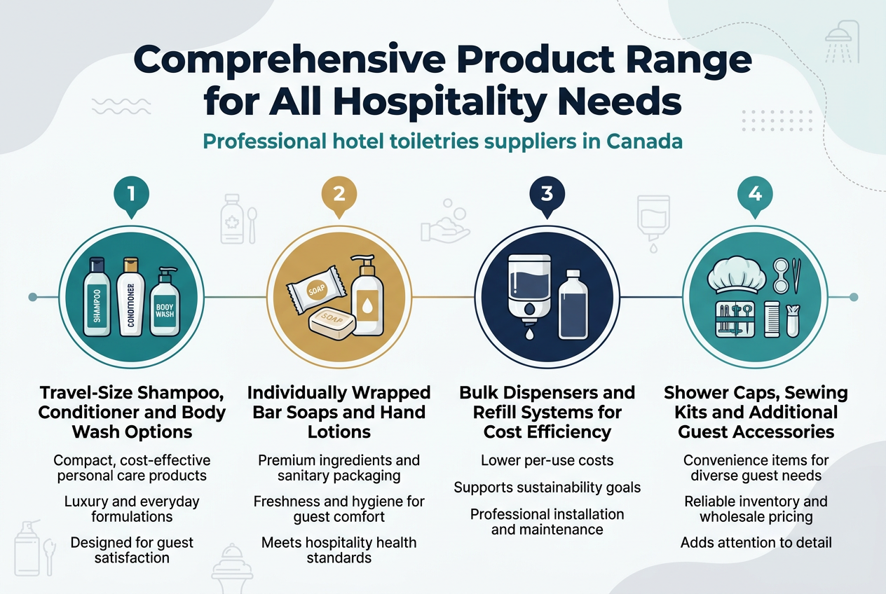 Create a clean, professional full-bleed infographic illustration in a 3:2 aspect ratio with a modern hospitality supply theme. Use a wide horizontal layout with four evenly spaced content blocks across the page, each with an icon, a bold section heading, and short supporting text. Color palette: deep navy, teal, white, light gray, and warm gold accents. Typography: bold sans-serif title, smaller sans-serif body text, strong visual hierarchy. Include subtle background shapes like soft waves, dotted lines, and faint hospitality icons for texture.

Top center, large bold heading in dark navy:
"Comprehensive Product Range for All Hospitality Needs"

Directly beneath the title, a smaller subtitle in teal:
"Professional hotel toiletries suppliers in Canada"

Section 1 on the left with a shampoo bottle, conditioner bottle, and body wash icon set in a teal circle:
"Travel-Size Shampoo, Conditioner and Body Wash Options"
Short text beneath:
"Compact, cost-effective personal care products"
"Luxury and everyday formulations"
"Designed for guest satisfaction"

Section 2 left-center with a wrapped soap bar and lotion bottle icon in a gold circle:
"Individually Wrapped Bar Soaps and Hand Lotions"
Short text beneath:
"Premium ingredients and sanitary packaging"
"Freshness and hygiene for guest comfort"
"Meets hospitality health standards"

Section 3 right-center with a bulk dispenser and refill bottle icon in a navy circle:
"Bulk Dispensers and Refill Systems for Cost Efficiency"
Short text beneath:
"Lower per-use costs"
"Supports sustainability goals"
"Professional installation and maintenance"

Section 4 on the right with a shower cap, sewing kit, and small accessory icons in a teal circle:
"Shower Caps, Sewing Kits and Additional Guest Accessories"
Short text beneath:
"Convenience items for diverse guest needs"
"Reliable inventory and wholesale pricing"
"Adds attention to detail"

Add small numbered markers above each section: "1", "2", "3", "4" in matching accent colors. Include a thin horizontal connector line running behind the four sections to unify the layout. Use crisp product-style icons, clean spacing, and a polished hotel-supply aesthetic. No photo collage, no people, no clutter.