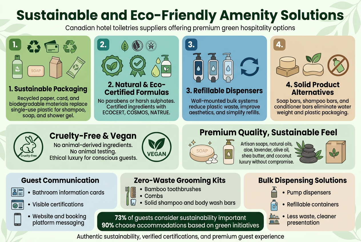 Aspect ratio 3:2, full-bleed clean professional infographic in modern hospitality style, white background with soft green, teal, blue, and warm beige accents, subtle leaf patterns and eco icons, bold sans-serif typography, clear hierarchy.

Top header across full width: large bold title in dark green, centered-left: "Sustainable and Eco-Friendly Amenity Solutions"
Small subtitle beneath in gray: "Canadian hotel toiletries suppliers offering premium green hospitality options"

Main layout: wide 2-row, 4-column section grid with icon blocks, not a vertical poster. Use numbered sections with rounded rectangles and simple flat icons.

Section 1 at upper left, green box with recycled paper, card, and biodegradable packaging icons:
Title: "1. Sustainable Packaging"
Body text: "Recycled paper, card, and biodegradable materials replace single-use plastic for shampoo, soap, and shower gel."
Visuals: shampoo bottle, soap bar, paper carton, compostable wrapper.

Section 2 at upper center-left, teal box with leaf, certification seal, and lotion bottle icons:
Title: "2. Natural & Eco-Certified Formulas"
Body text: "No parabens or harsh sulphates. Certified ingredients with ECOCERT, COSMOS, NATRUE."
Visuals: leaf badge, certification stamps, natural ingredient droplets.

Section 3 at upper center-right, blue box with wall dispenser and refill arrow icons:
Title: "3. Refillable Dispensers"
Body text: "Wall-mounted bulk systems reduce plastic waste, improve aesthetics, and simplify refills."
Visuals: sleek mounted pump dispensers for shampoo, soap, and lotion, circular refill arrow.

Section 4 at upper right, beige box with shampoo bar, soap bar, and zero-plastic symbol:
Title: "4. Solid Product Alternatives"
Body text: "Soap bars, shampoo bars, and conditioner bars eliminate water weight and plastic packaging."
Visuals: stacked solid bars, leaf icon, no-plastic symbol.

Second row wide band across the middle-left to middle-right with two larger feature blocks:

Left wide block with animal-free icon and heart/leaf:
Title: "Cruelty-Free & Vegan"
Body text: "No animal-derived ingredients. No animal testing. Ethical luxury for conscious guests."
Visuals: bunny-free symbol, vegan leaf badge.

Right wide block with premium spa imagery and natural oils:
Title: "Premium Quality, Sustainable Feel"
Body text: "Artisan soaps, natural oils, aloe, lavender, olive oil, shea butter, and coconut deliver luxury without compromise."
Visuals: elegant soap, lotion, botanical leaves, spa stone texture, quality paper packaging.

Bottom band spanning full width with three compact panels and a bold guest-expectation callout:

Bottom left panel with smartphone, website, and bathroom card icons:
Title: "Guest Communication"
Bullets: "Bathroom information cards" / "Visible certifications" / "Website and booking platform messaging"

Bottom center panel with bamboo toothbrush, comb, and dental kit icons:
Title: "Zero-Waste Grooming Kits"
Bullets: "Bamboo toothbrushes" / "Combs" / "Solid shampoo and body wash bars"

Bottom right panel with pump dispenser, refill bottle, and neat shelf icon:
Title: "Bulk Dispensing Solutions"
Bullets: "Pump dispensers" / "Refillable containers" / "Less waste, cleaner presentation"

Bottom center large statistic callout in dark green banner with white text:
"73% of guests consider sustainability important"
"90% choose accommodations based on green initiatives"

Footer line in small gray text:
"Authentic sustainability, verified certifications, and premium guest experience"

Use simple flat vector icons, crisp lines, strong contrast, balanced spacing, and clean alignment. Avoid clutter, no photo realism, no 3D effects, no centered vertical stack. Include all text exactly as written.