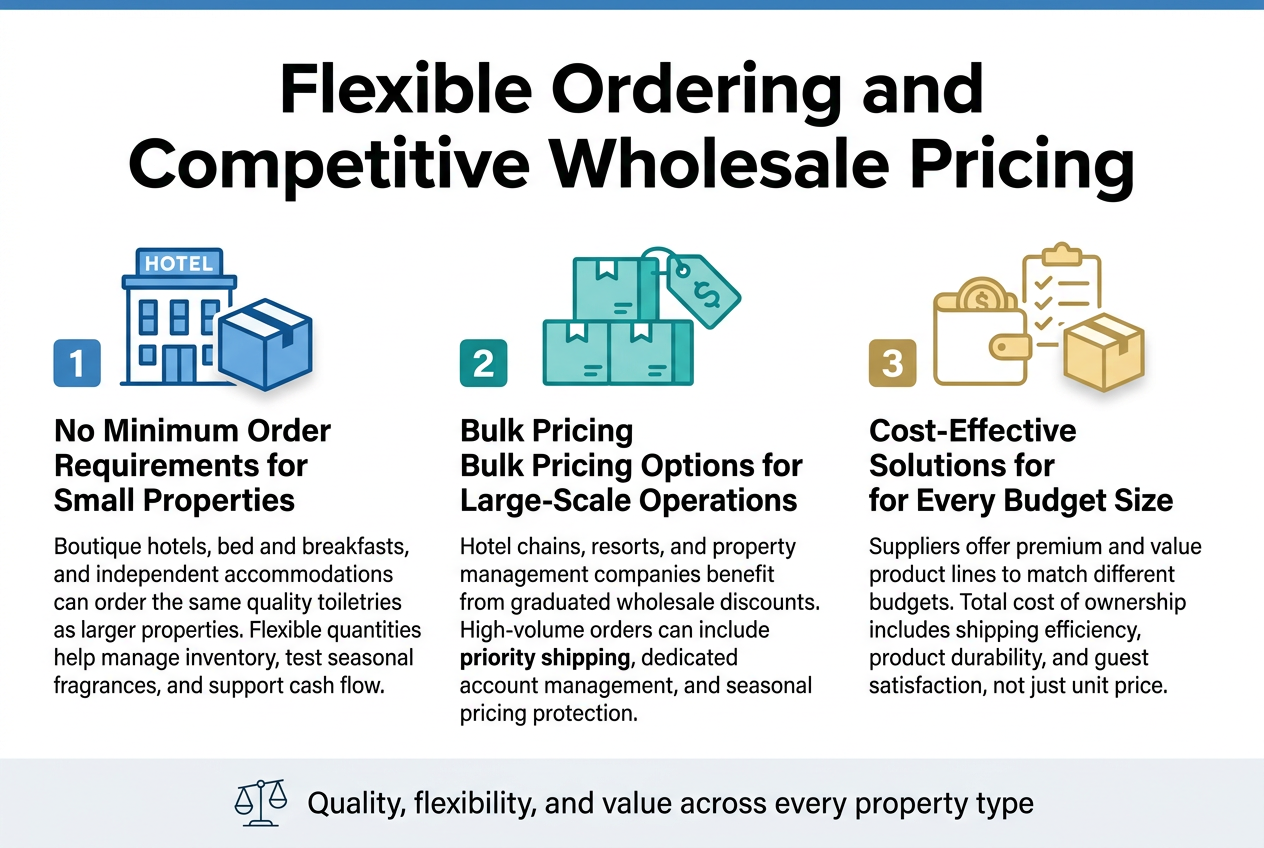 Create a clean, professional full-bleed infographic in a 3:2 aspect ratio with a wide horizontal layout, modern sans-serif fonts, and a blue, teal, and white color palette with subtle gold accents. Place a bold large title across the top: "Flexible Ordering and Competitive Wholesale Pricing". Under the title, divide the design into three wide horizontal sections or side-by-side blocks with clear numbering, icons, and short body text.

Section 1 on the left: include a blue icon of a small hotel building and a box labeled "1". Heading text: "No Minimum Order Requirements for Small Properties". Body text in 2–3 short lines: "Boutique hotels, bed and breakfasts, and independent accommodations can order the same quality toiletries as larger properties. Flexible quantities help manage inventory, test seasonal fragrances, and support cash flow."

Section 2 in the center: include a teal icon of stacked boxes, a price tag, and a dollar sign with a box labeled "2". Heading text: "Bulk Pricing Options for Large-Scale Operations". Body text in 2–3 short lines: "Hotel chains, resorts, and property management companies benefit from graduated wholesale discounts. High-volume orders can include priority shipping, dedicated account management, and seasonal pricing protection."

Section 3 on the right: include a gold icon of a wallet, checklist, and coin with a box labeled "3". Heading text: "Cost-Effective Solutions for Every Budget Size". Body text in 2–3 short lines: "Suppliers offer premium and value product lines to match different budgets. Total cost of ownership includes shipping efficiency, product durability, and guest satisfaction, not just unit price."

Add a thin footer band across the bottom with a small simple line icon of a scale or balance and the text: "Quality, flexibility, and value across every property type". Use clean spacing, strong visual hierarchy, soft shadows, crisp vector shapes, and no clutter. Avoid narrow vertical stacking; emphasize wide columns and balanced alignment.