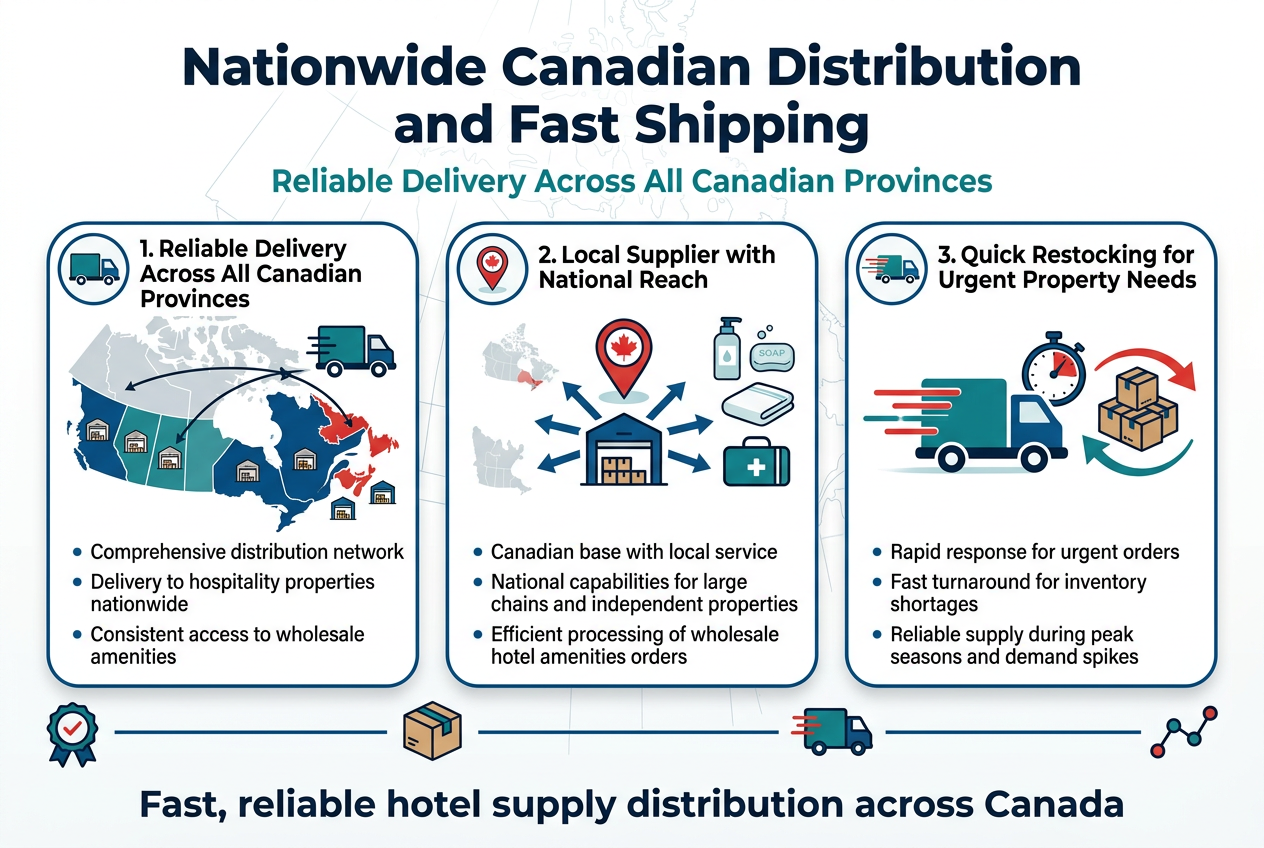 Create a clean, professional infographic in a full-bleed horizontal layout with aspect ratio 3:2. Use a modern corporate style with white background, deep blue, teal, and red accent colors, subtle map grid lines of Canada, and bold sans-serif fonts.

Top center: large bold heading in dark blue, exact text: "Nationwide Canadian Distribution and Fast Shipping"
Directly below the title, smaller subtitle in teal: "Reliable Delivery Across All Canadian Provinces"

Main layout: three wide horizontal sections arranged left to right across the center, each in a rounded white card with blue outline and a distinct icon.

Left section:
- Title in bold: "1. Reliable Delivery Across All Canadian Provinces"
- Show a map of Canada with highlighted province regions and delivery route lines connecting east to west
- Add a truck icon and small warehouse icons
- Include short text bullets:
  - "Comprehensive distribution network"
  - "Delivery to hospitality properties nationwide"
  - "Consistent access to wholesale amenities"

Center section:
- Title in bold: "2. Local Supplier with National Reach"
- Show a Canadian location pin over a central warehouse, with branching arrows reaching multiple regions
- Include icons of hotel amenities: toiletries bottle, soap bar, towel, and amenity kit
- Include short text bullets:
  - "Canadian base with local service"
  - "National capabilities for large chains and independent properties"
  - "Efficient processing of wholesale hotel amenities orders"

Right section:
- Title in bold: "3. Quick Restocking for Urgent Property Needs"
- Show a fast-moving delivery truck, stopwatch icon, and stack of inventory boxes with a replenishment arrow
- Use red and teal motion lines to show speed
- Include short text bullets:
  - "Rapid response for urgent orders"
  - "Fast turnaround for inventory shortages"
  - "Reliable supply during peak seasons and demand spikes"

Bottom band across the full width:
- Add a bold concluding line in dark blue: "Fast, reliable hotel supply distribution across Canada"
- Place small icons along the bottom: checkmark badge, shipping box, truck, and province-connected network line

Style details:
- Clean vector infographic illustration
- Strong visual hierarchy with large headings and smaller readable body text
- Balanced spacing, wide horizontal composition, no vertical poster layout
- Professional hospitality supply theme
- High contrast, crisp lines, minimal shadows, polished corporate finish