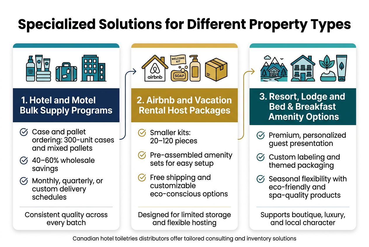 Create a clean professional full-bleed infographic in a 3:2 aspect ratio with a white background, deep navy headings, teal and gold accent colors, modern sans-serif font, and clear visual hierarchy. Place a bold top title across the full width: "Specialized Solutions for Different Property Types". Under the title, divide the infographic into three wide horizontal sections or three side-by-side content blocks with icons, each with a colored header bar and numbered label.

Section 1 on the left: a hotel icon with stacked amenity bottles, luggage, and a building silhouette. Header text: "1. Hotel and Motel Bulk Supply Programs". Include three bullet points with small check icons:
"Case and pallet ordering: 300-unit cases and mixed pallets"
"40–60% wholesale savings"
"Monthly, quarterly, or custom delivery schedules"
Add a small sublabel at the bottom: "Consistent quality across every batch"

Section 2 in the center: an Airbnb/house icon with a welcome kit, soap, shampoo bottle, and delivery box. Header text: "2. Airbnb and Vacation Rental Host Packages". Include three bullet points with small check icons:
"Smaller kits: 20–120 pieces"
"Pre-assembled amenity sets for easy setup"
"Free shipping and customizable eco-conscious options"
Add a small sublabel at the bottom: "Designed for limited storage and flexible hosting"

Section 3 on the right: a resort mountain/lodge icon with a bed and breakfast house, spa leaf, and premium toiletries. Header text: "3. Resort, Lodge and Bed & Breakfast Amenity Options". Include three bullet points with small check icons:
"Premium, personalized guest presentation"
"Custom labeling and themed packaging"
"Seasonal flexibility with eco-friendly and spa-quality products"
Add a small sublabel at the bottom: "Supports boutique, luxury, and local character"

Use connecting arrows or subtle flow lines between the three sections to show specialized solutions for different property types. Add a small footer note centered along the bottom: "Canadian hotel toiletries distributors offer tailored consulting and inventory solutions". Keep the layout spacious, balanced, and easy to read with strong iconography and polished corporate styling.