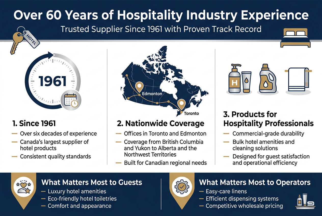 Create a clean, professional full-bleed infographic in a 3:2 aspect ratio with a wide horizontal layout, modern sans-serif fonts, and a polished Canadian hospitality theme in navy blue, white, silver, and warm gold accents. Use a bold top headline across the full width.

Top header area:
Large bold title text: "Over 60 Years of Hospitality Industry Experience"
Smaller subtitle beneath: "Trusted Supplier Since 1961 with Proven Track Record"

Main layout: three wide horizontal content sections across the lower two-thirds, each in a clear block with icons and short text.

Section 1 on the left:
A large circular timeline icon with "1961" and a subtle calendar/clock symbol.
Bold section heading: "1. Since 1961"
Three short bullet lines:
"Over six decades of experience"
"Canada's largest supplier of hotel products"
"Consistent quality standards"

Section 2 in the center:
A map of Canada with highlighted office markers on "Toronto" and "Edmonton", plus a network line extending across Western Canada.
Bold section heading: "2. Nationwide Coverage"
Three short bullet lines:
"Offices in Toronto and Edmonton"
"Coverage from British Columbia and Yukon to Alberta and the Northwest Territories"
"Built for Canadian regional needs"

Section 3 on the right:
Three product-focused icons in a row: hotel amenity bottle, cleaning supply bottle, and linen/towel.
Bold section heading: "3. Products for Hospitality Professionals"
Three short bullet lines:
"Commercial-grade durability"
"Bulk hotel amenities and cleaning solutions"
"Designed for guest satisfaction and operational efficiency"

Bottom band spanning the width:
Split into two highlighted callout boxes with icon markers.

Left callout box:
Heart/star guest icon.
Bold text: "What Matters Most to Guests"
Text lines:
"Luxury hotel amenities"
"Eco-friendly hotel toiletries"
"Comfort and appearance"

Right callout box:
Gear/check icon.
Bold text: "What Matters Most to Operators"
Text lines:
"Easy-care linens"
"Efficient dispensing systems"
"Competitive wholesale pricing"

Use subtle dividers, strong visual hierarchy, and clean spacing. Include small hospitality-themed accents like a hotel key, bed, and amenity tray. Keep the layout balanced, wide, and easy to read, with all text crisp and legible.