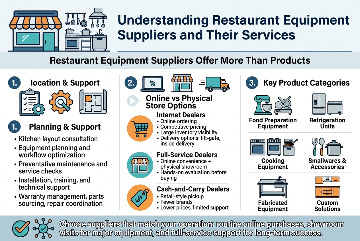 Create a clean, professional full-bleed infographic in a 3:2 horizontal aspect ratio with a modern white background, navy blue headline, teal and orange accent colors, and crisp sans-serif typography. Place a bold title across the top center: "Understanding Restaurant Equipment Suppliers and Their Services". Use a wide multi-column layout with clearly separated sections, subtle dividers, and flat vector icons.
Top section: a wide banner with a large storefront and kitchen equipment icon set, followed by the subtitle text: "Restaurant Equipment Suppliers Offer More Than Products".
Middle section: three horizontal content blocks with numbered circles and icons.
1. Left block with a clipboard, gear, and layout-plan icon. Heading: "1. Planning & Support". Include short bullet text:
"• Kitchen layout consultation"
"• Equipment planning and workflow optimization"
"• Preventative maintenance and service checks"
"• Installation, training, and technical support"
"• Warranty management, parts sourcing, repair coordination"
2. Center block with laptop, showroom, and delivery truck icons. Heading: "2. Online vs Physical Store Options". Include three stacked labels with icons:
"Internet Dealers" with a shopping cart icon and text:
"• Online ordering"
"• Competitive pricing"
"• Large inventory visibility"
"• Delivery options: lift-gate, inside delivery"
"Full-Service Dealers" with a storefront icon and text:
"• Online convenience + physical showroom"
"• Hands-on evaluation before buying"
"Cash-and-Carry Dealers" with a price tag icon and text:
"• Retail-style pickup"
"• Fewer brands"
"• Lower prices, limited support"
3. Right block with category icons arranged in a 2x3 grid. Heading: "3. Key Product Categories". Label each icon clearly:
"Food Preparation Equipment" with mixer and slicer icon
"Refrigeration Units" with refrigerator and freezer icon
"Cooking Equipment" with oven, range, and fryer icon
"Smallwares & Accessories" with utensils and cookware icon
"Fabricated Equipment" with stainless steel table and sink icon
"Custom Solutions" with cabinetry icon
Bottom section: a wide callout strip with a checkmark and connected-service icon. Include the text:
"Choose suppliers that match your operation: routine online purchases, showroom visits for major equipment, and full-service support for long-term success."
Use strong visual hierarchy, bold section headings, clean spacing, subtle shadows, and clear icon-based markers for each point. Keep all text sharp, legible, and professionally aligned.