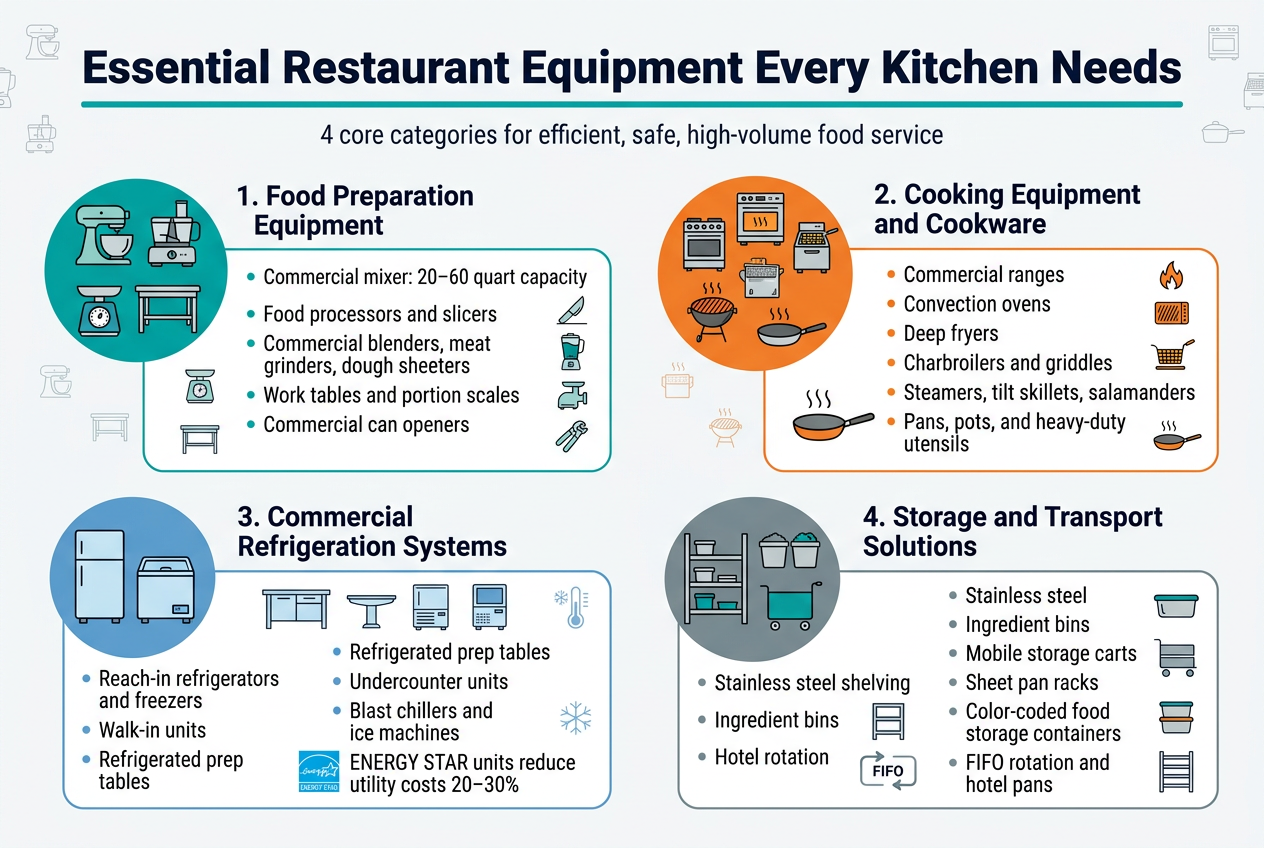 Create a clean professional infographic in a full-bleed 3:2 landscape layout with a modern restaurant/kitchen theme. Use a bold dark navy heading at the top center in large sans-serif font: "Essential Restaurant Equipment Every Kitchen Needs". Add a thin teal accent line under the title and use a white background with navy, teal, orange, and gray accents. Organize the content into 4 wide horizontal sections across the page, using icon-based cards and clear hierarchy, not a vertical poster.
Top header area:
- Large title centered at the top.
- Small subtitle in medium gray beneath it: "4 core categories for efficient, safe, high-volume food service"
Section 1 on upper left: "1. Food Preparation Equipment"
Use a teal circular icon set with a mixer, food processor, scale, and work table.
Include 5 short bullet points in a neat card:
- "Commercial mixer: 20–60 quart capacity"
- "Food processors and slicers"
- "Commercial blenders, meat grinders, dough sheeters"
- "Work tables and portion scales"
- "Commercial can openers"
Add small labels beside each bullet with simple line icons: mixer, blade, blender, meat grinder, scale, table, can opener.
Section 2 on upper right: "2. Cooking Equipment and Cookware"
Use an orange circular icon set with a range, oven, fryer, grill, and pan.
Include 6 short bullet points:
- "Commercial ranges"
- "Convection ovens"
- "Deep fryers"
- "Charbroilers and griddles"
- "Steamers, tilt skillets, salamanders"
- "Pans, pots, and heavy-duty utensils"
Show small visual icons for each item, including flames, grill marks, fryer basket, steam, and skillet.
Section 3 on lower left: "3. Commercial Refrigeration Systems"
Use a cool blue icon set with a refrigerator, freezer, prep table, blast chiller, and ice machine.
Include 6 short bullet points:
- "Reach-in refrigerators and freezers"
- "Walk-in units"
- "Refrigerated prep tables"
- "Undercounter units"
- "Blast chillers and ice machines"
- "ENERGY STAR units reduce utility costs 20–30%"
Add a small green ENERGY STAR-style badge next to the last line. Include a subtle thermometer and snowflake symbol.
Section 4 on lower right: "4. Storage and Transport Solutions"
Use a gray and teal icon set with shelving, bins, carts, racks, and containers.
Include 6 short bullet points:
- "Stainless steel shelving"
- "Ingredient bins"
- "Mobile storage carts"
- "Sheet pan racks"
- "Color-coded food storage containers"
- "FIFO rotation and hotel pans"
Add a small arrow flow icon for FIFO, and simple container and rack symbols.
Layout and style:
- Place the four sections in a balanced 2x2 grid with wide spacing.
- Use bold section headers in navy, smaller body text in dark gray.
- Use rounded white cards with thin colored borders matching each category.
- Add small decorative kitchen line icons in the background, very faint and subtle.
- Use clean sans-serif typography, strong visual hierarchy, and simple flat vector illustrations.
- Keep all text crisp and readable.
- No people, no photorealism, no clutter, no extra text.