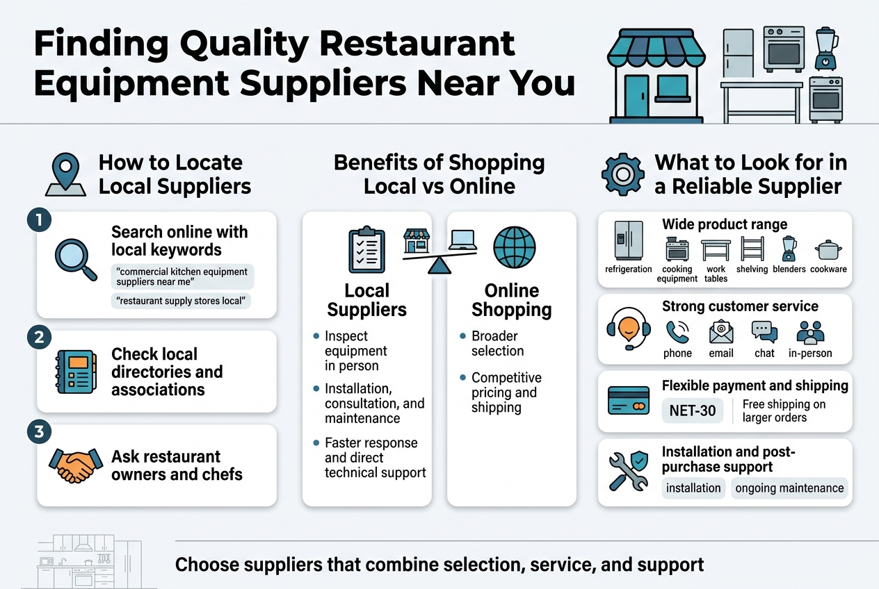 Create a clean professional infographic illustration in a full-bleed 3:2 landscape layout with a modern sans-serif font, white background, dark charcoal text, teal and blue accent colors, and orange highlight icons. Place a bold title across the top: "Finding Quality Restaurant Equipment Suppliers Near You". Use a wide, multi-section horizontal layout with three main content blocks and clear visual hierarchy.
Top section: a large header bar with the title centered-left, plus a small icon of a storefront and kitchen equipment.
Left block titled "How to Locate Local Suppliers" with a map pin icon and 3 numbered points in stacked cards:
1. "Search online with local keywords" with a magnifying glass icon and small text: "commercial kitchen equipment suppliers near me" and "restaurant supply stores local"
2. "Check local directories and associations" with a directory/list icon
3. "Ask restaurant owners and chefs" with a handshake icon
Center block titled "Benefits of Shopping Local vs Online" split into two side-by-side comparison panels:
Left panel "Local Suppliers" with a checklist icon and 3 bullets:
- "Inspect equipment in person"
- "Installation, consultation, and maintenance"
- "Faster response and direct technical support"
Right panel "Online Shopping" with a globe icon and 2 bullets:
- "Broader selection"
- "Competitive pricing and shipping"
Add a small balancing icon between panels showing a storefront connected to a laptop.
Right block titled "What to Look for in a Reliable Supplier" with a gear icon and 4 icon-labeled rows:
- "Wide product range" with icons for refrigeration, cooking equipment, work tables, shelving, blenders, and cookware
- "Strong customer service" with phone, email, chat, and in-person icons
- "Flexible payment and shipping" with a credit card icon and text: "NET-30" and "Free shipping on larger orders"
- "Installation and post-purchase support" with a wrench and shield icon and text: "installation" and "ongoing maintenance"
Add a small footer strip at the bottom with a subtle kitchen outline and the text: "Choose suppliers that combine selection, service, and support". Use clean spacing, crisp vector shapes, rounded cards, light shadows, and a polished business infographic style.